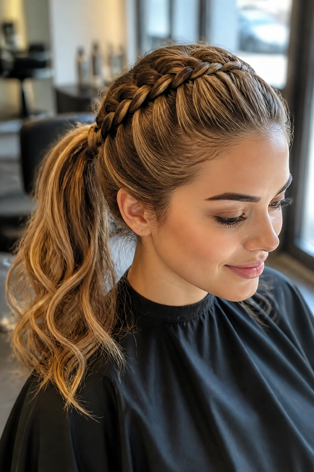 Close-up portrait of a real woman with a crown-start French braid transitioning into a ponytail