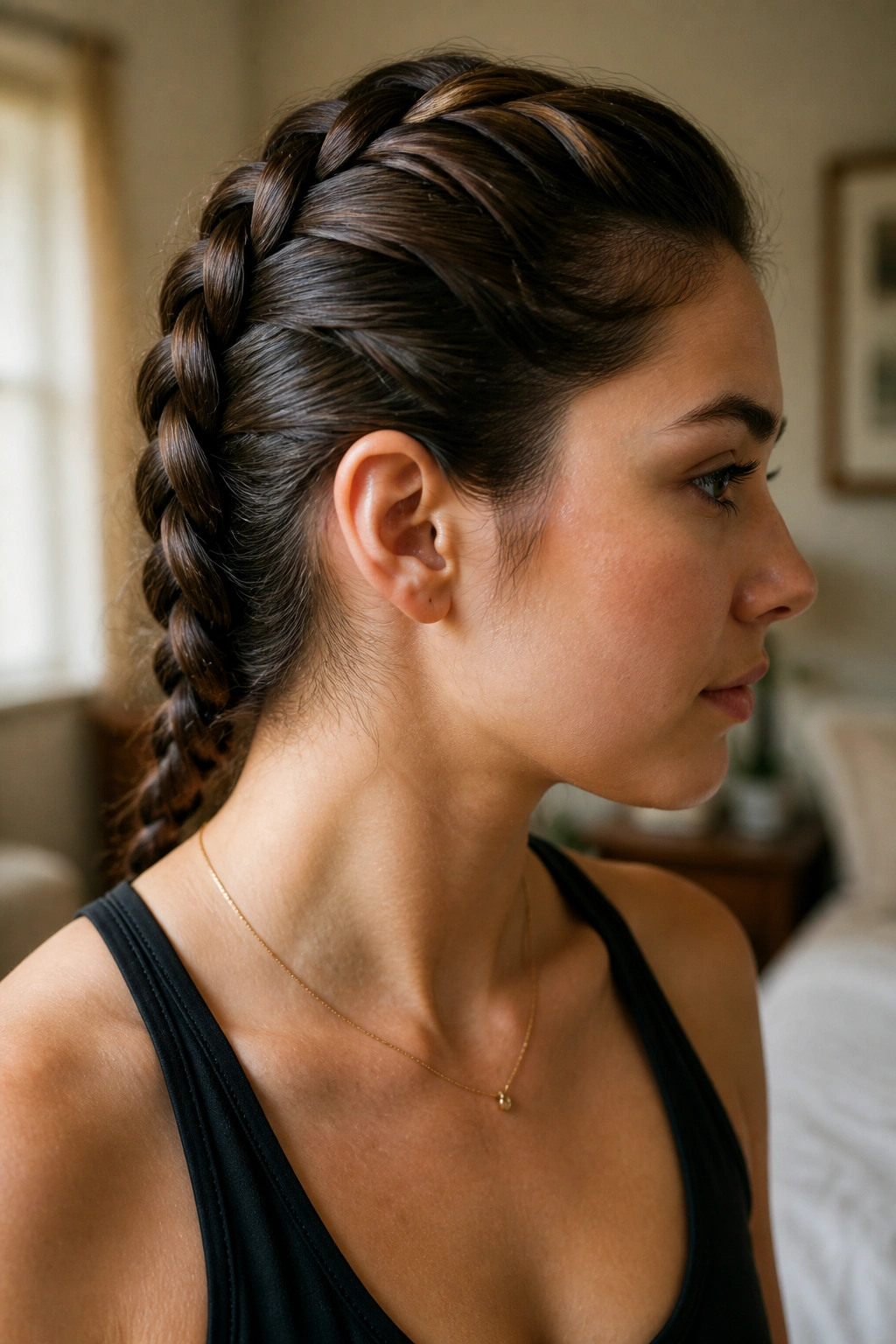 Close-up of a real woman with a French braid along the crown in natural window light