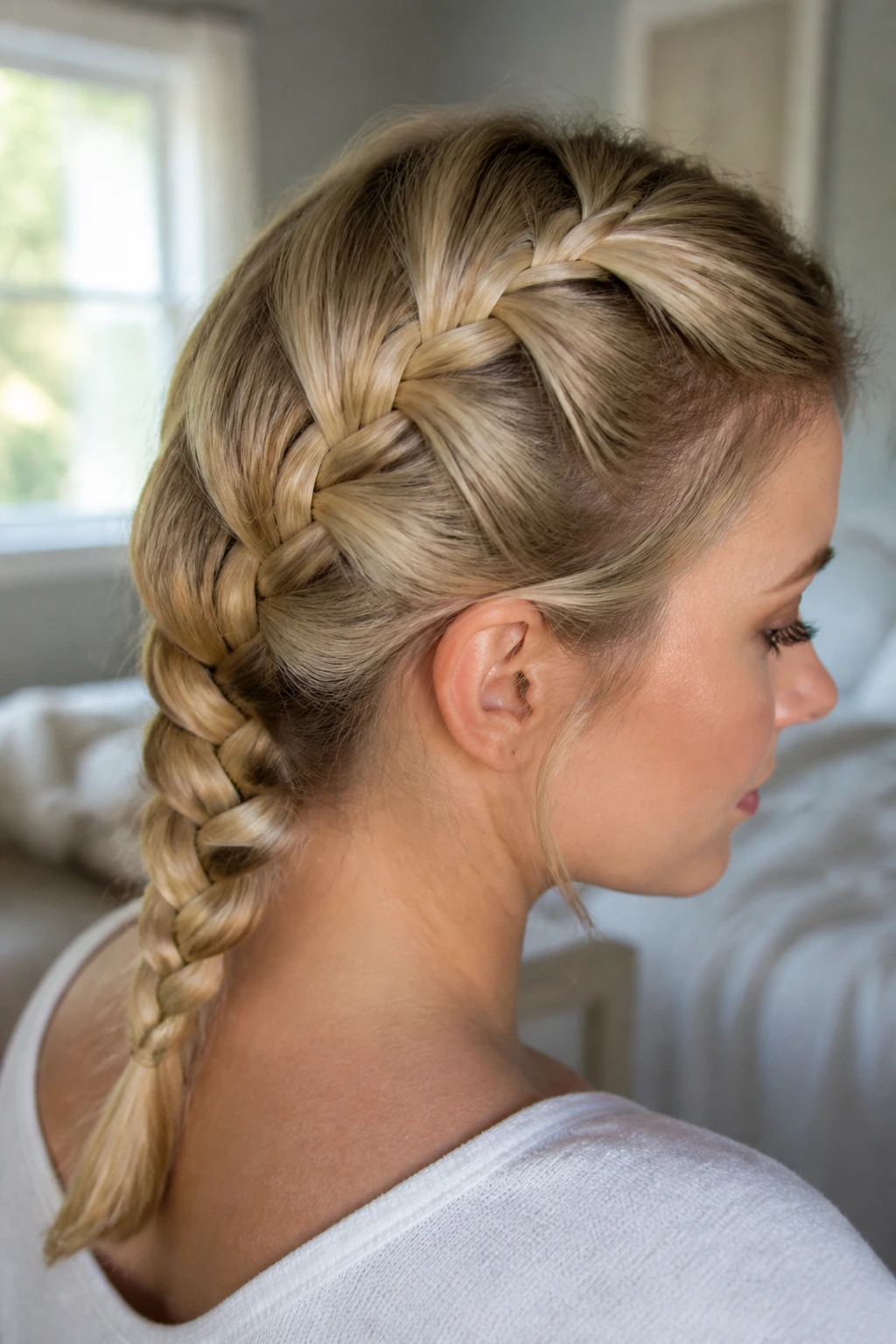 Close-up of a real woman with a French braid