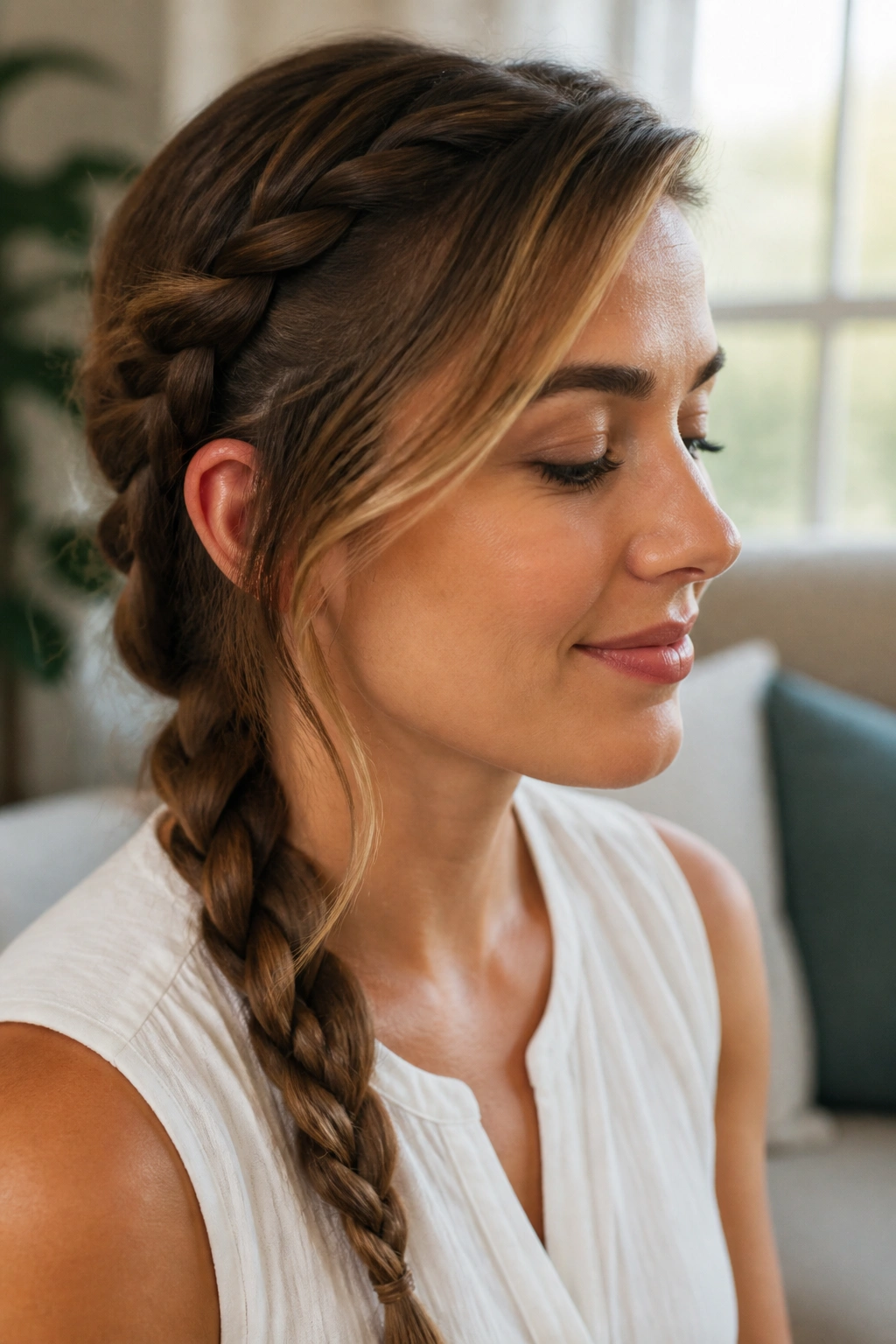 Close-up of a real woman with a soft side French braid and face sweep in natural light