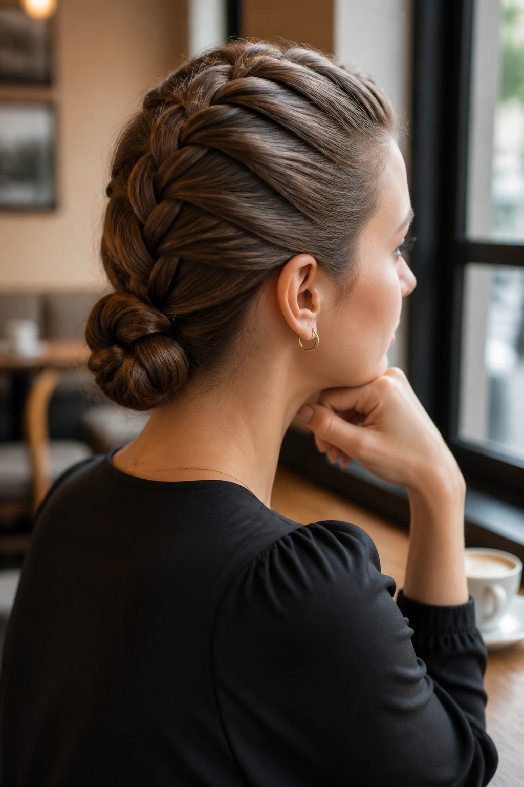 Medium close-up of a real woman with a French braid transitioning into a tucked bun.