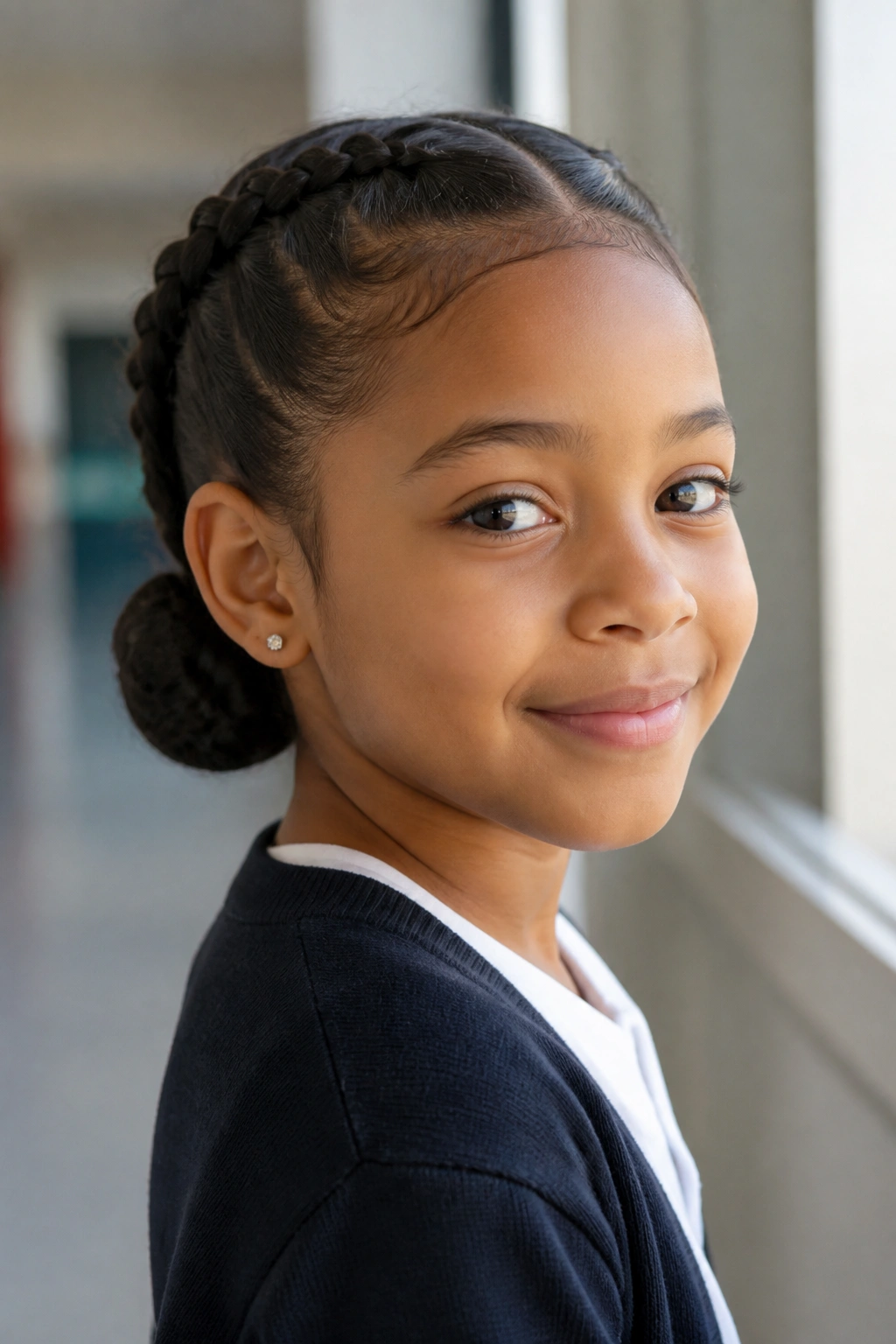 Medium close-up of a child with two French braids turning into low buns at the nape under natural light