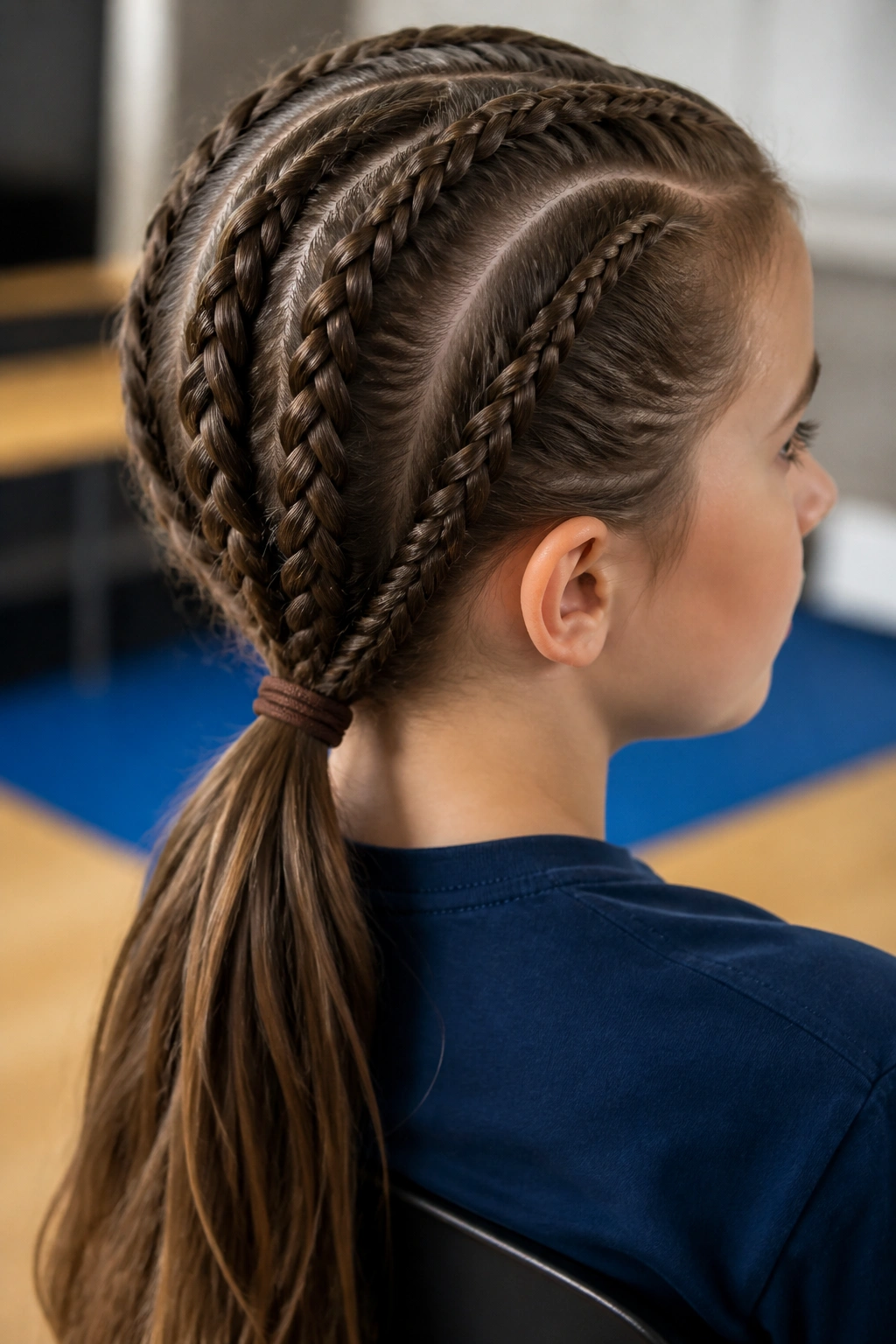 Real girl with French braids forming a low ponytail