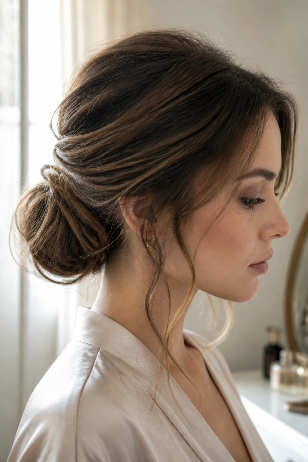 Profile of a real woman wearing a loose low French chignon
