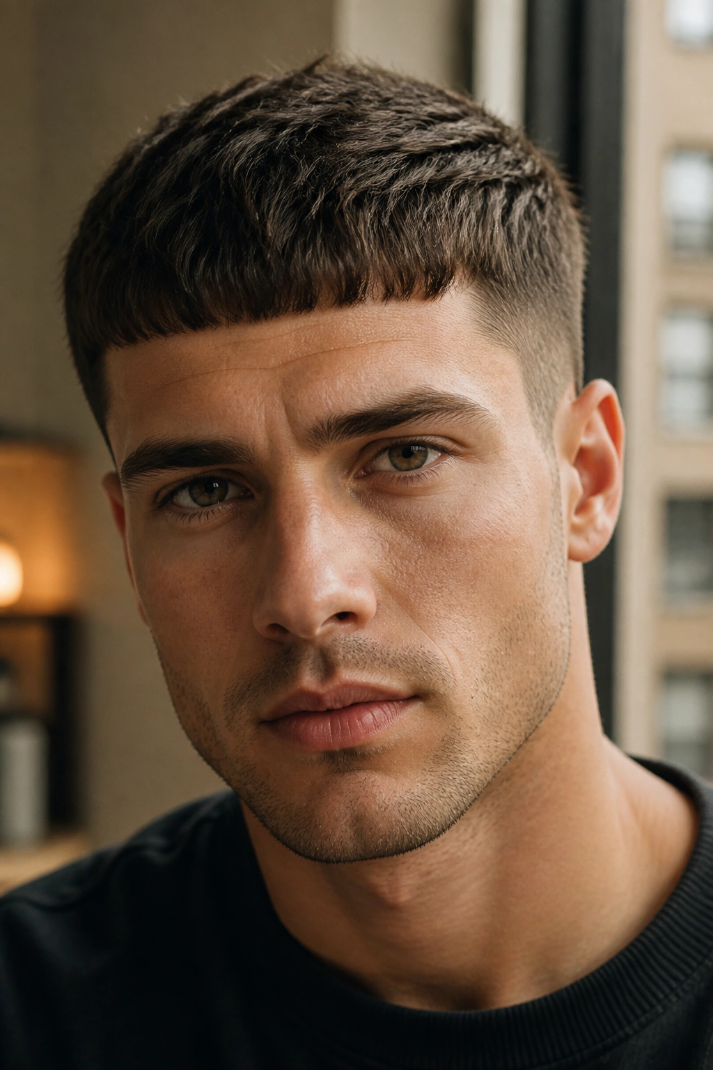 Close-up of real man with French crop and blunt fringe in warm apartment light