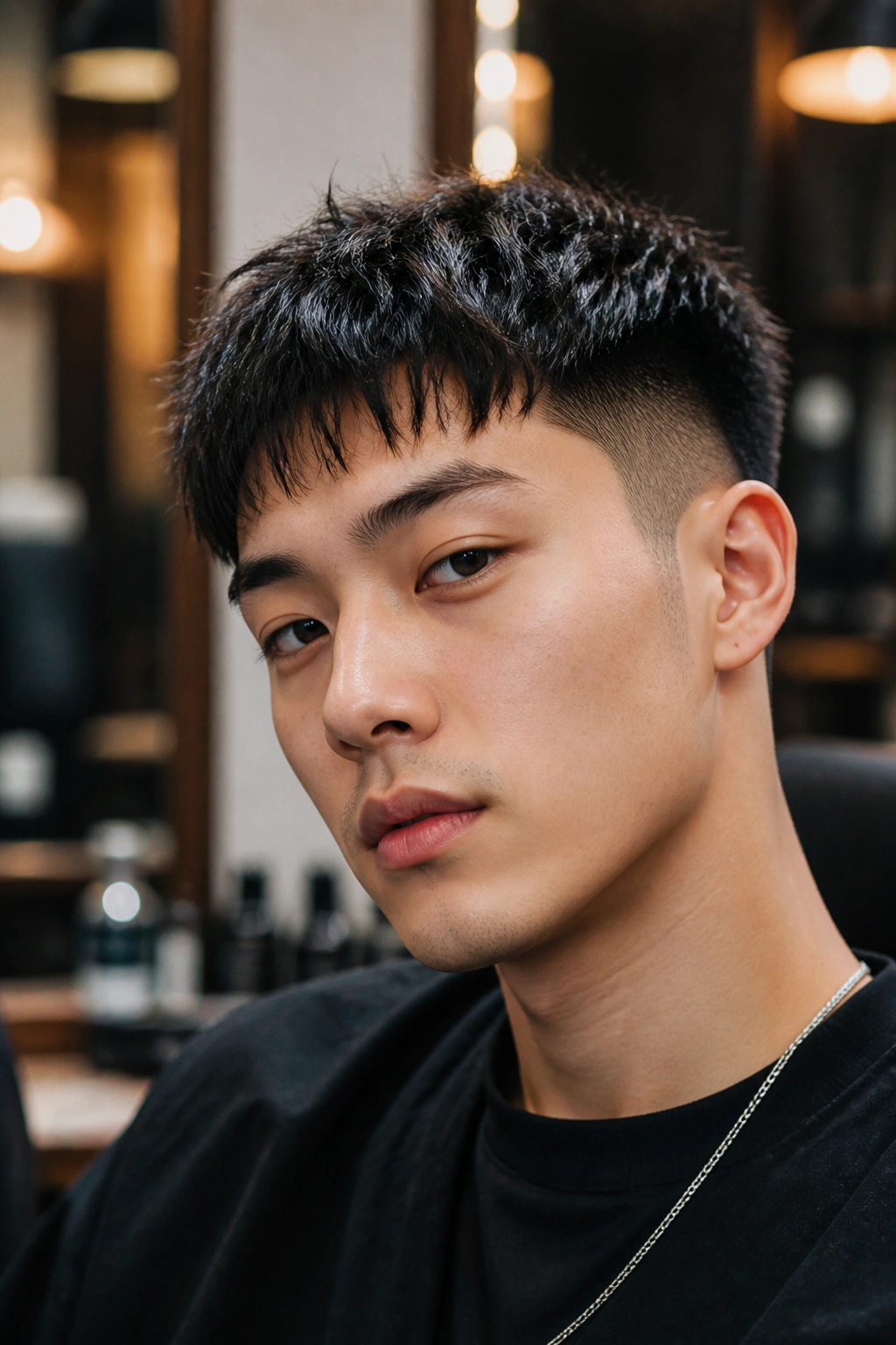 Close-up portrait of a man with a French crop and choppy fringe in a barber shop