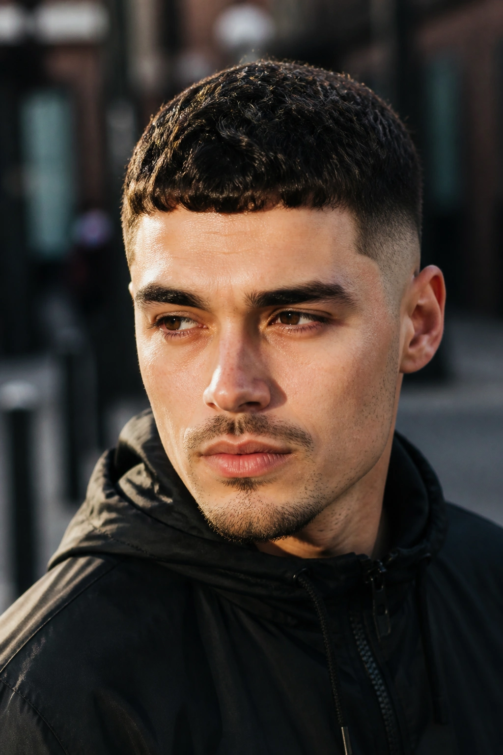 Close-up of a man with a French crop and curly fade.