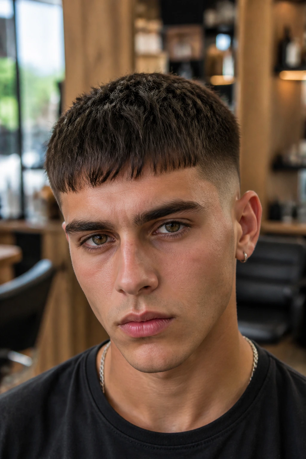 Close-up of a real person with a French crop with fringe in a warm salon