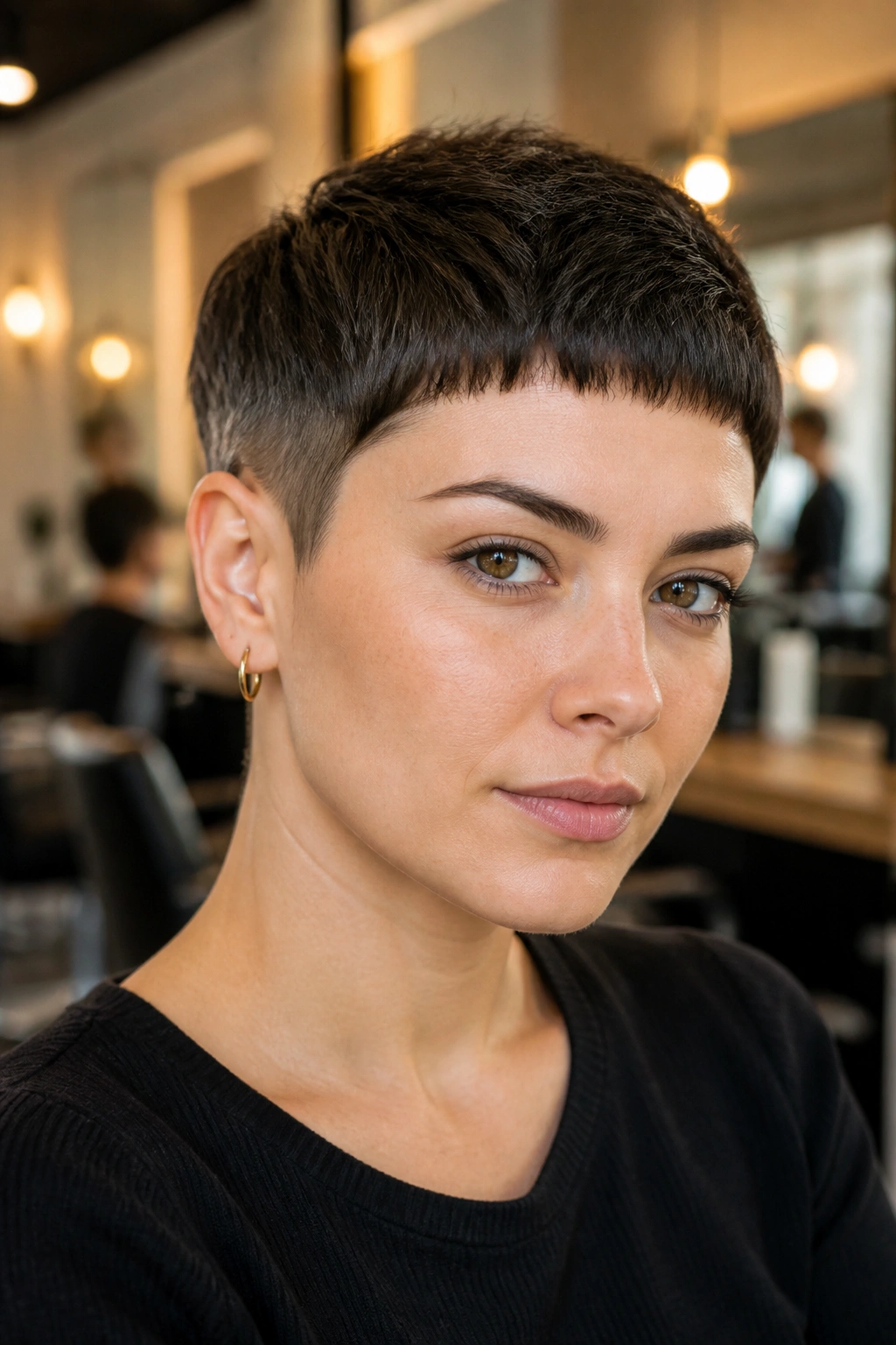 Real woman with a French crop and soft micro fringe in warm barber shop lighting