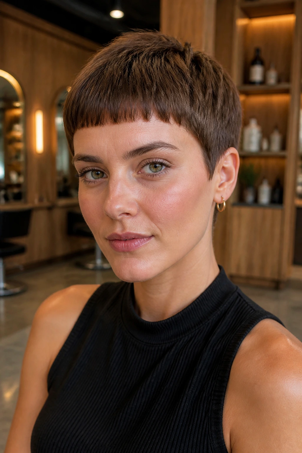 Close-up of a real woman with French Crop Pixie With Short Fringe featuring blunt fringe above brows