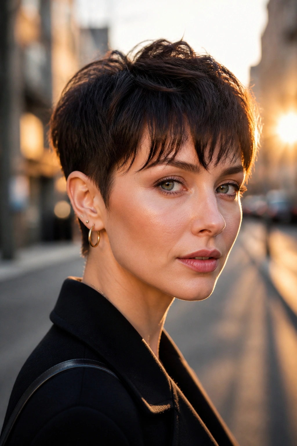 Close-up portrait of a real person with a French crop pixie and soft full bangs