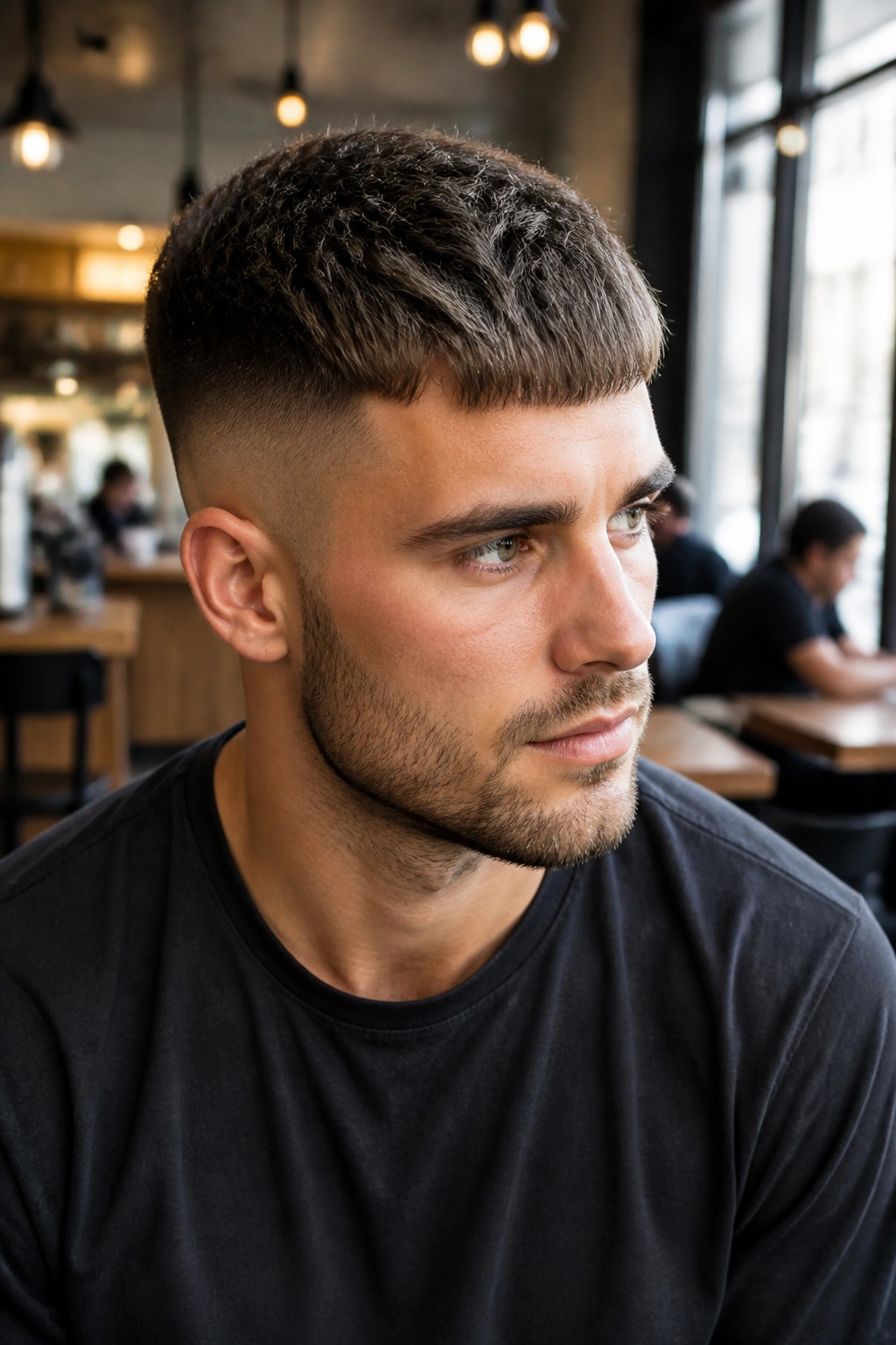 Close-up portrait of a man with a French crop and forward fringe