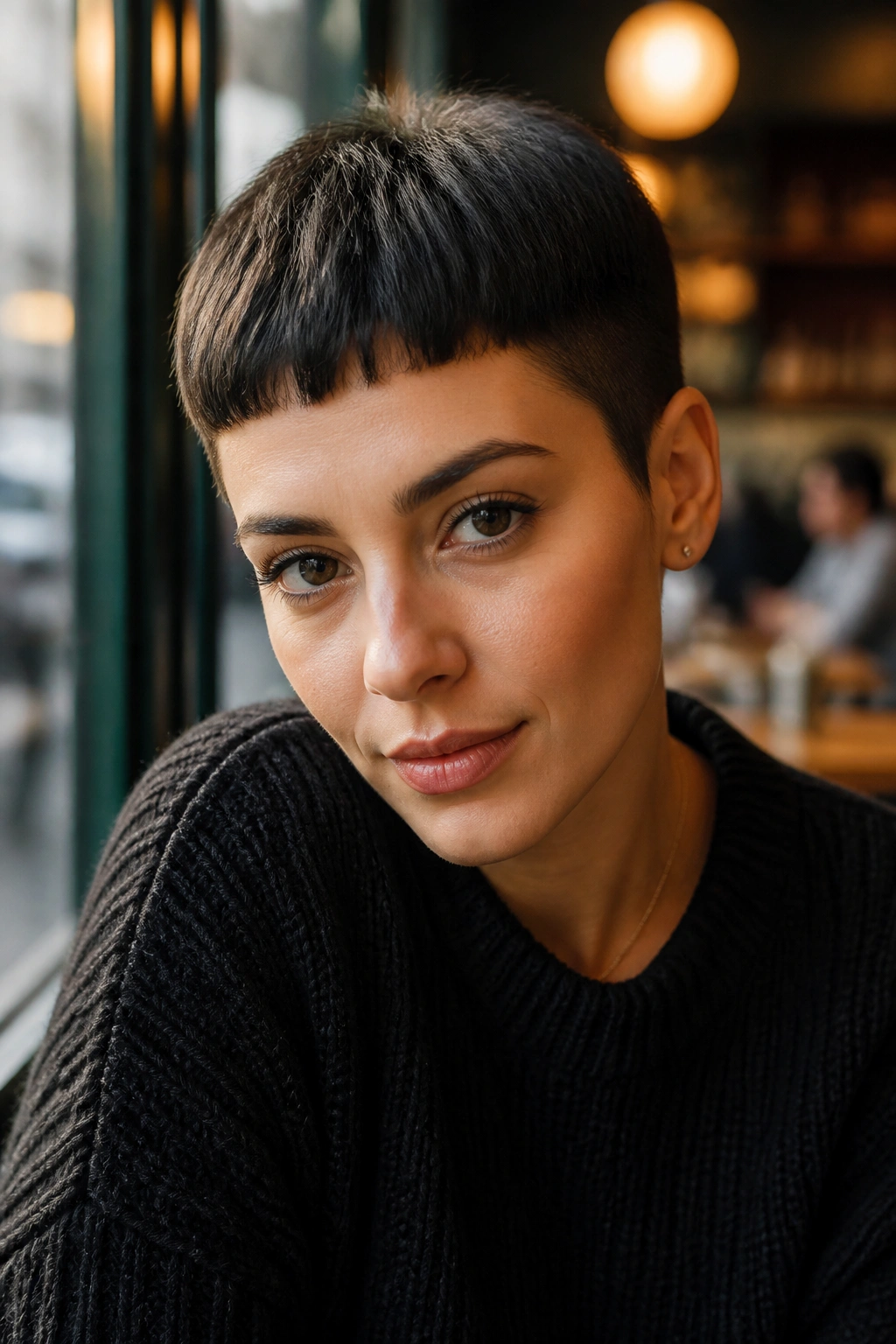Close-up portrait of a real woman with a structured French crop in a cafe setting.