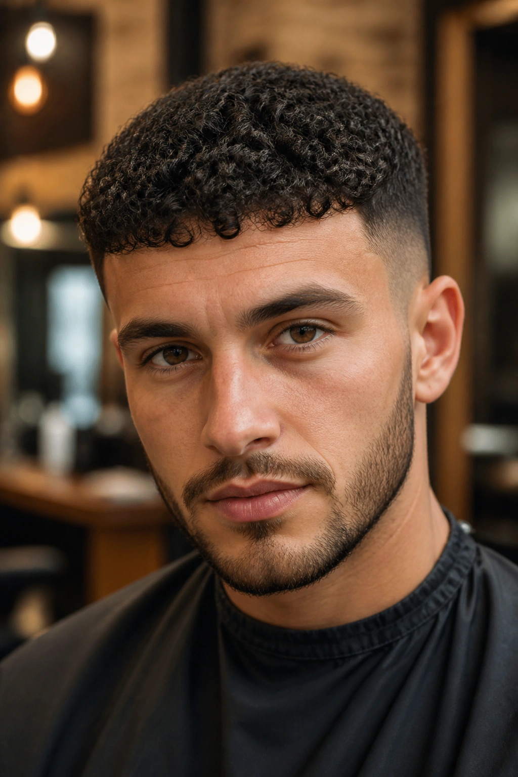 Close-up portrait of a man with a French crop and tight curls hairstyle