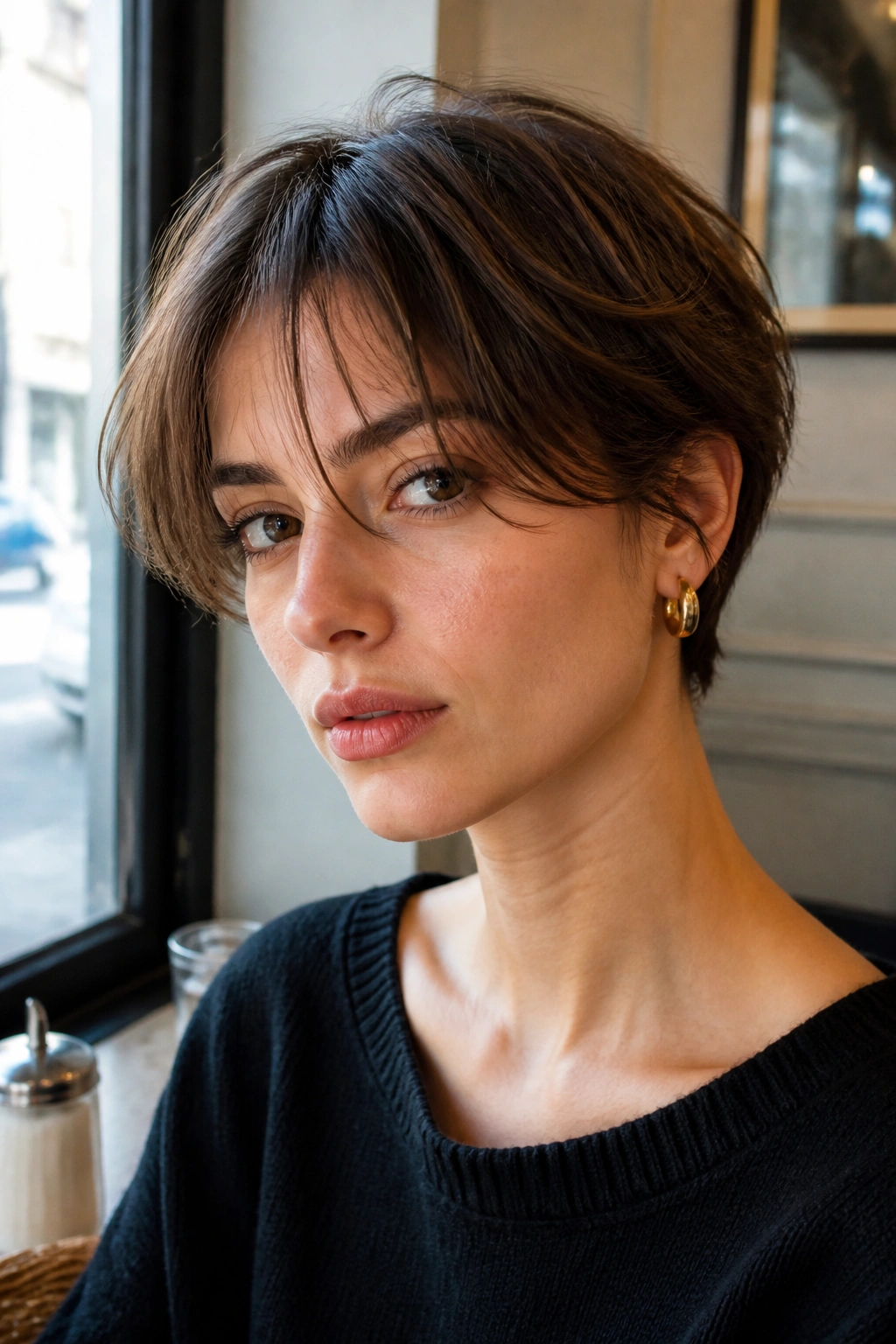 Close-up of a person with a French crop and wispy curtain bangs in bright cafe window light