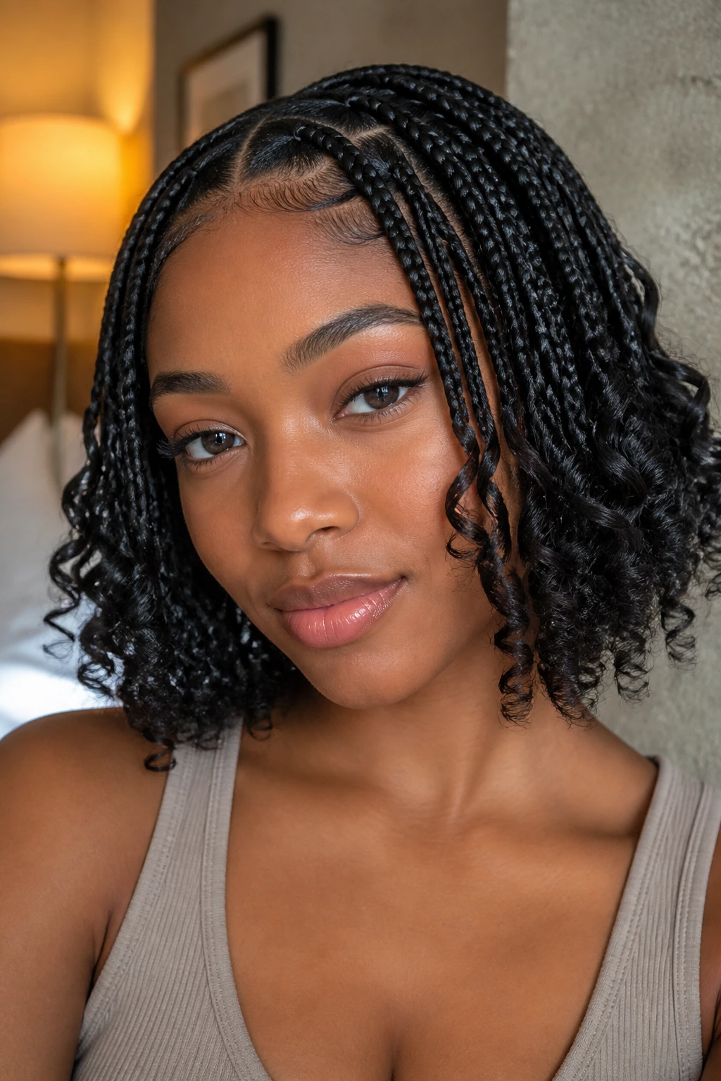Close-up of French curl braids with curled ends on a real woman