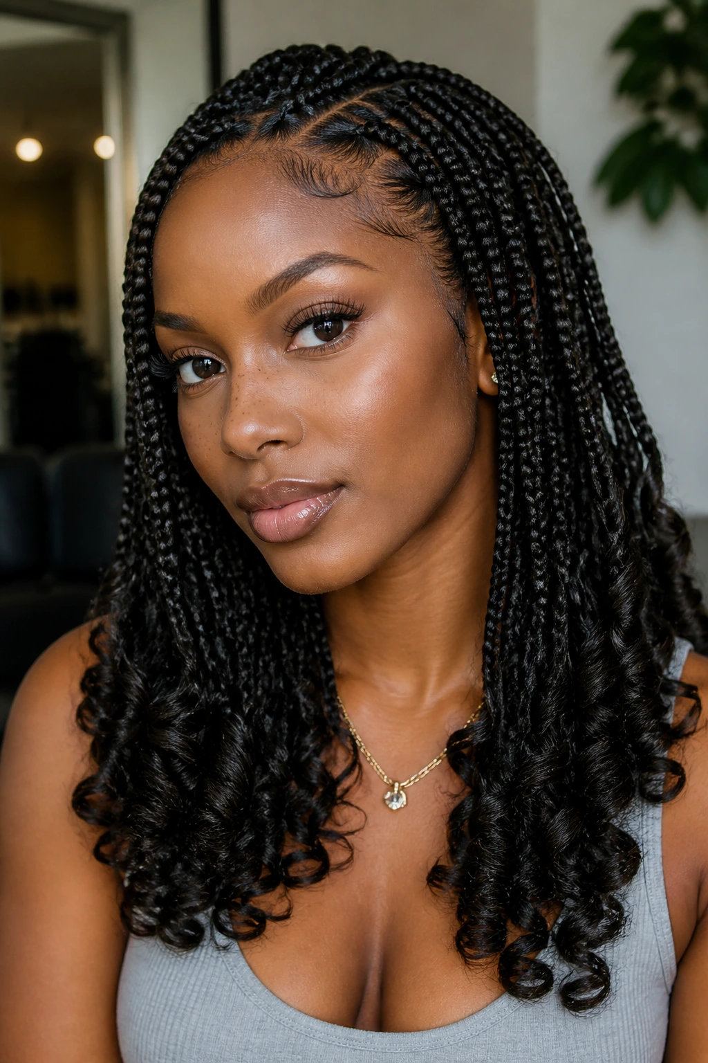 Close-up of a real woman with French curl braids ending in curls