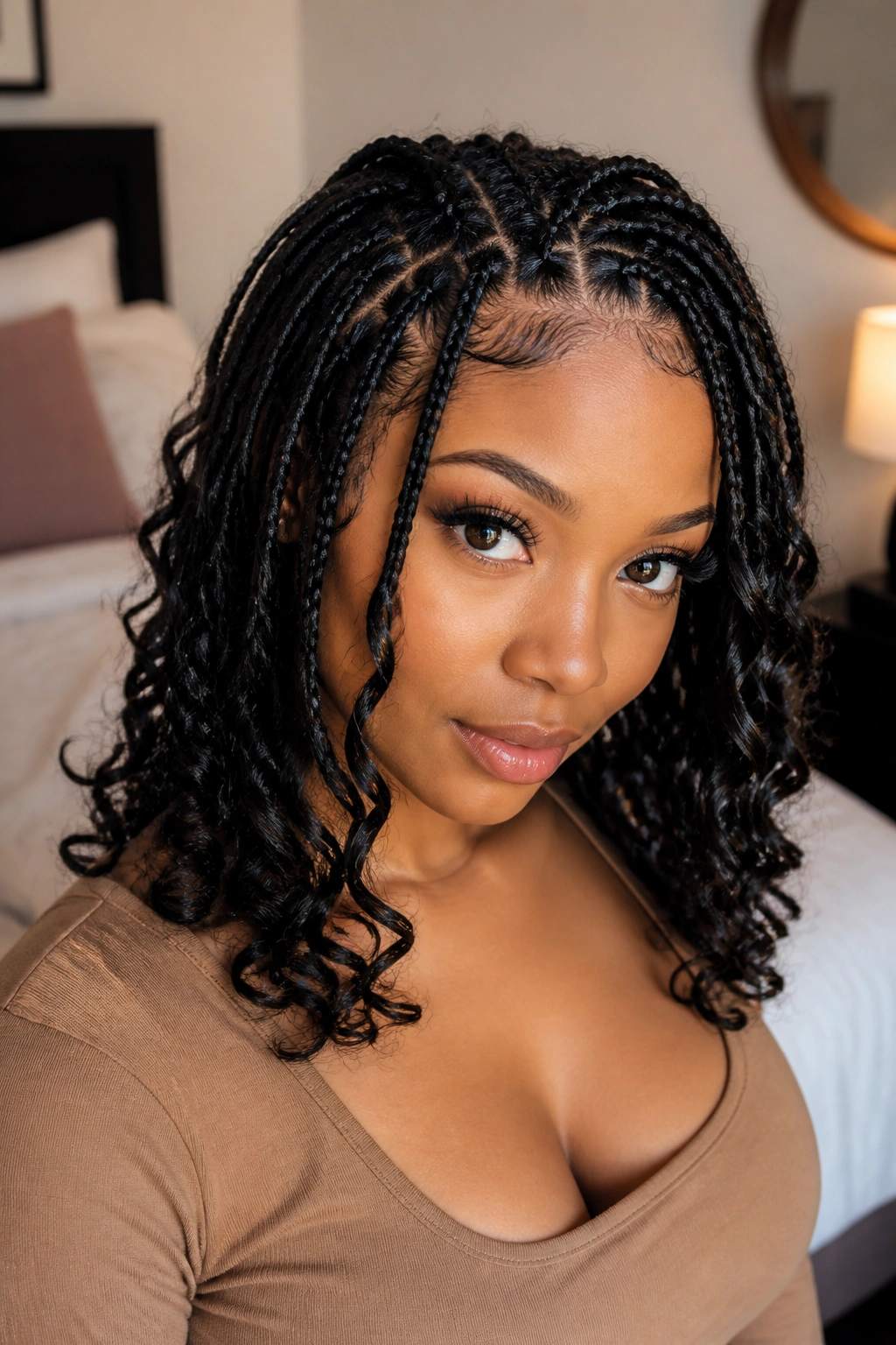 Close-up of a real woman with French curl braids ending in curls