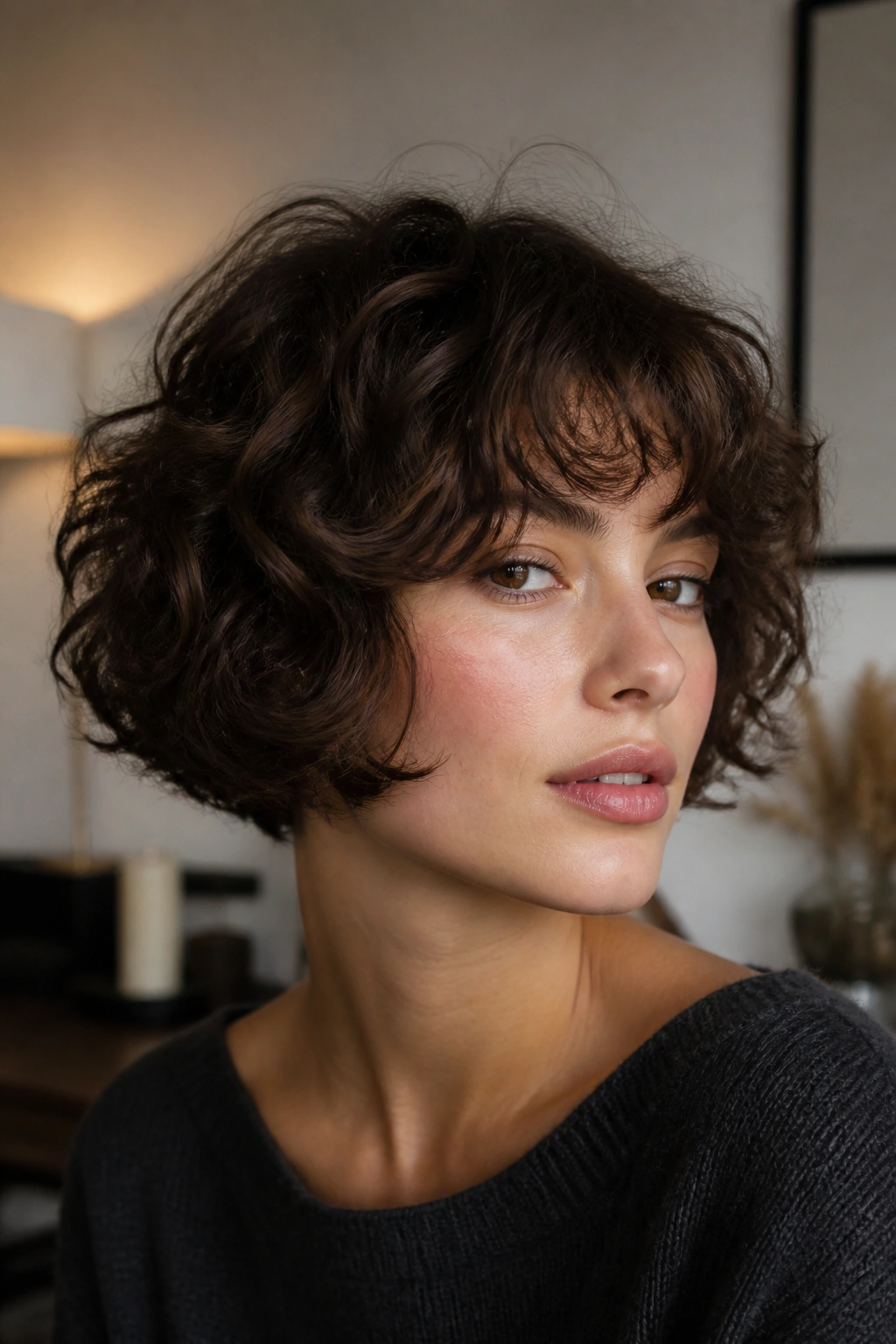 Close-up of a real woman with a French curly bob and gentle fringe