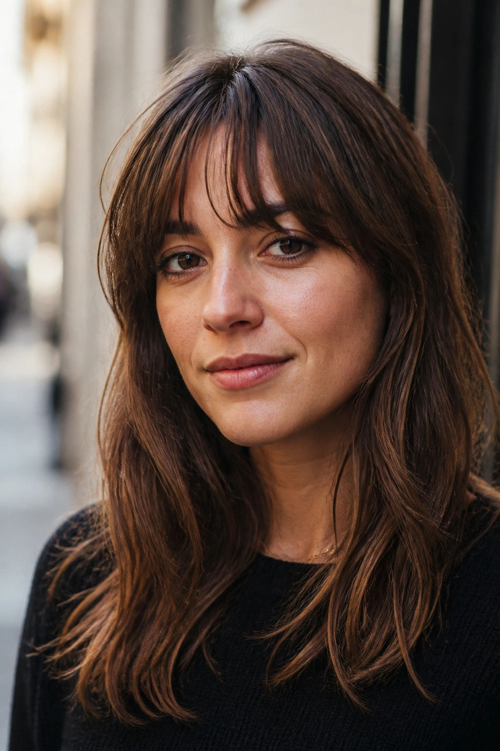 Close-up portrait of a real woman with French-girl bangs and air-dried texture