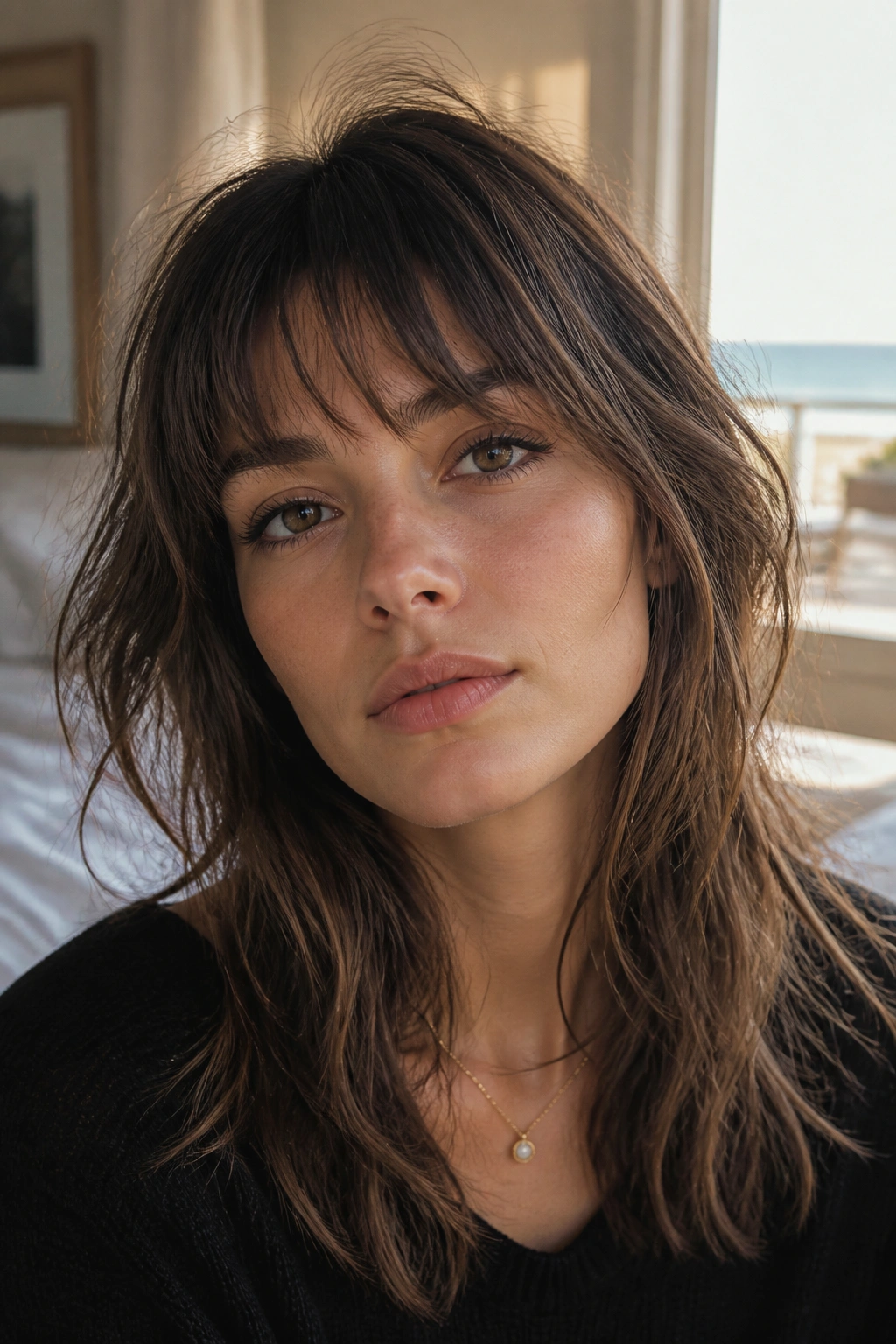 Close-up of a real woman with airy-ended French-girl bangs