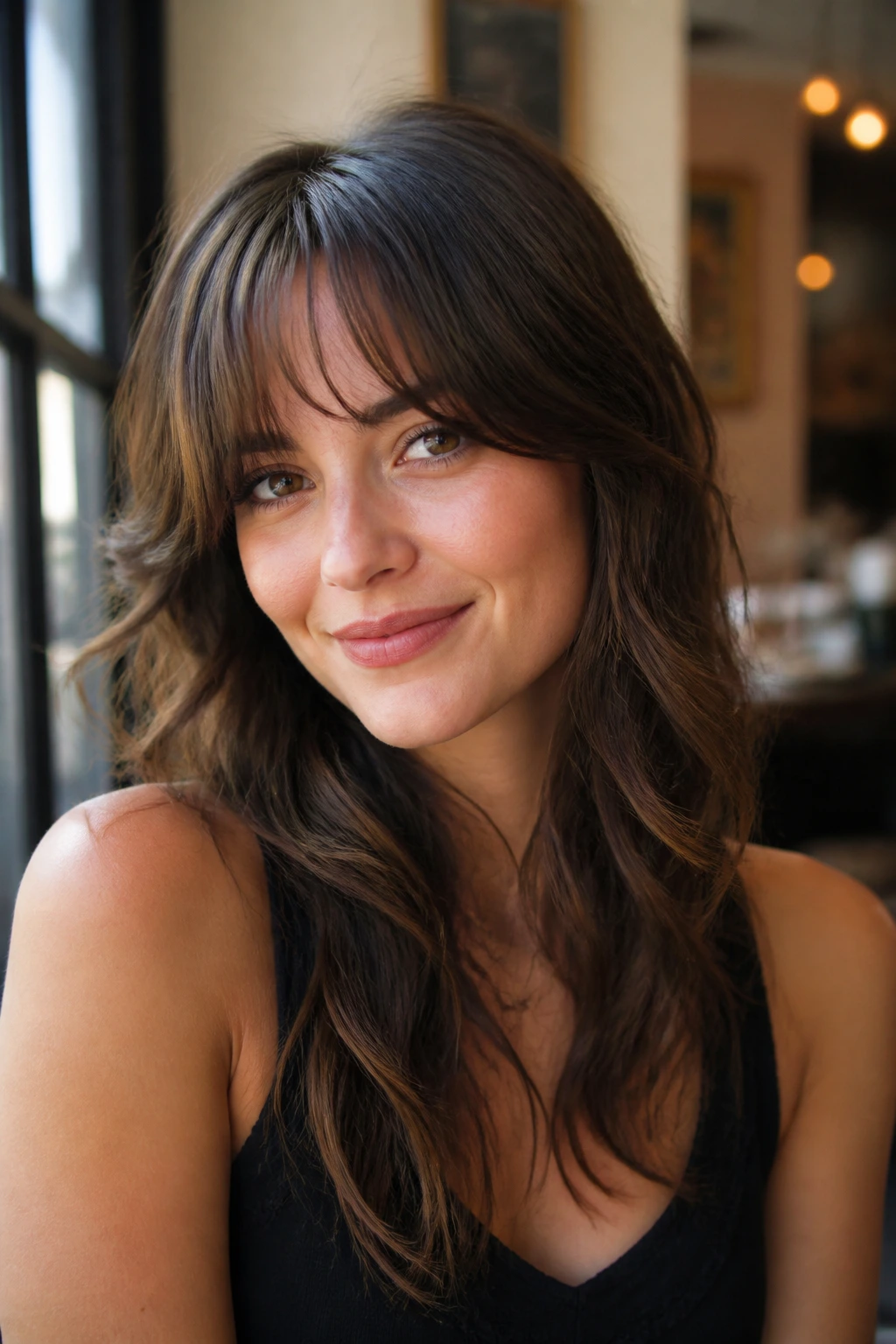 Close-up portrait of a real person with French-girl bangs and a loose bend