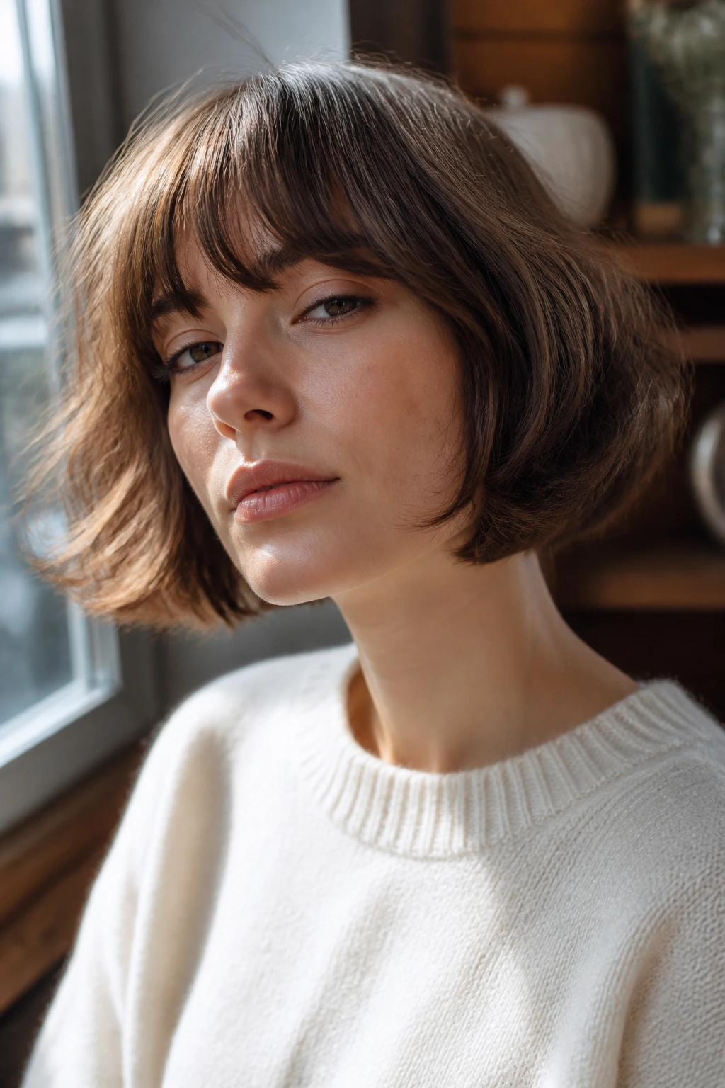 Close-up of a real woman with chin-length French girl bob and fringe