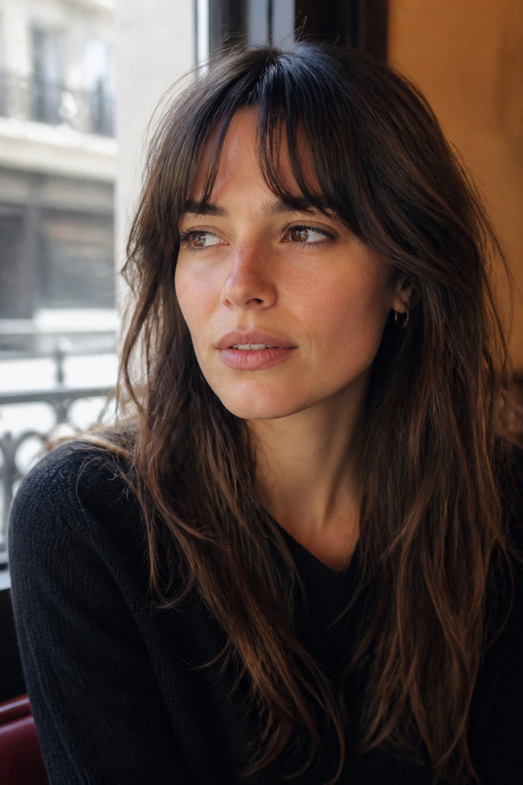 Close-up portrait of a real woman with French-girl fringe and soft texture