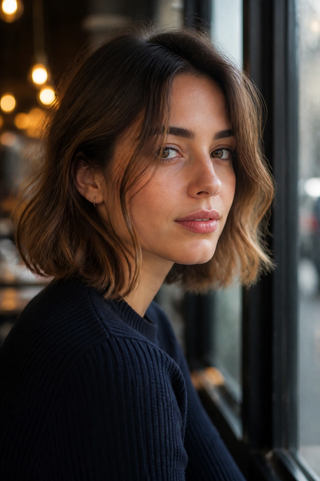Close-up portrait of a real woman with French-girl lob and relaxed waves
