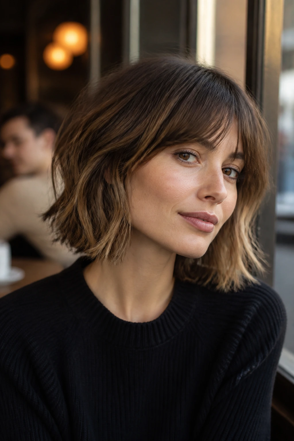 Close-up of a real woman with French-Girl Lob With Ruffled Ends