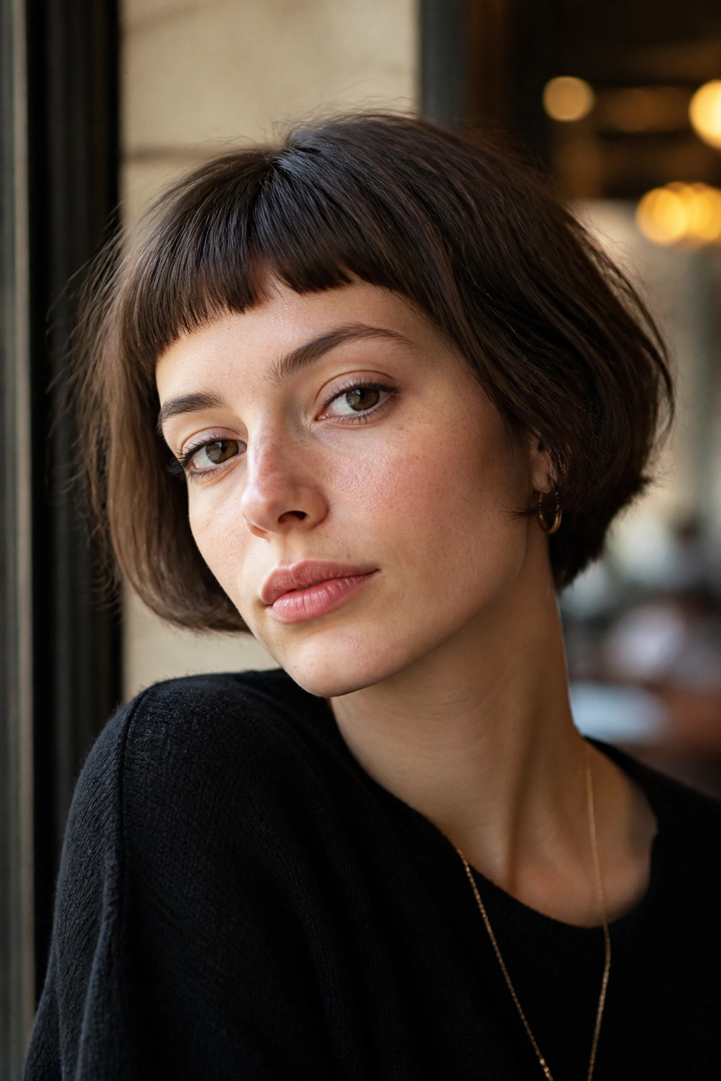 Close-up of a real woman with French-girl pixie bob and micro bangs