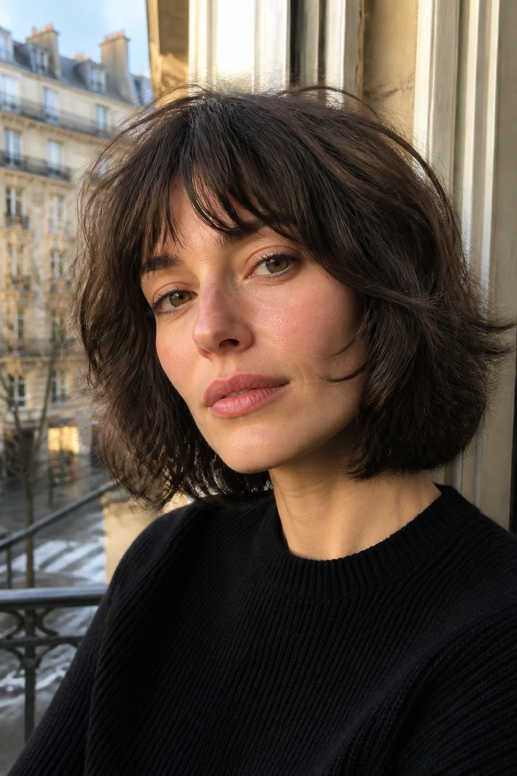 Close-up of a real woman with French-girl shag and cheekbone layers by a Parisian window