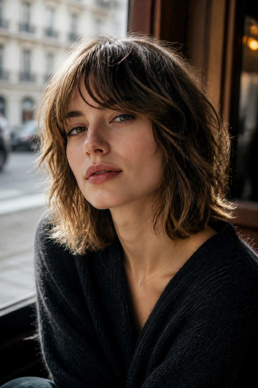 Real woman with French-Girl Shag in sunlit cafe window setting
