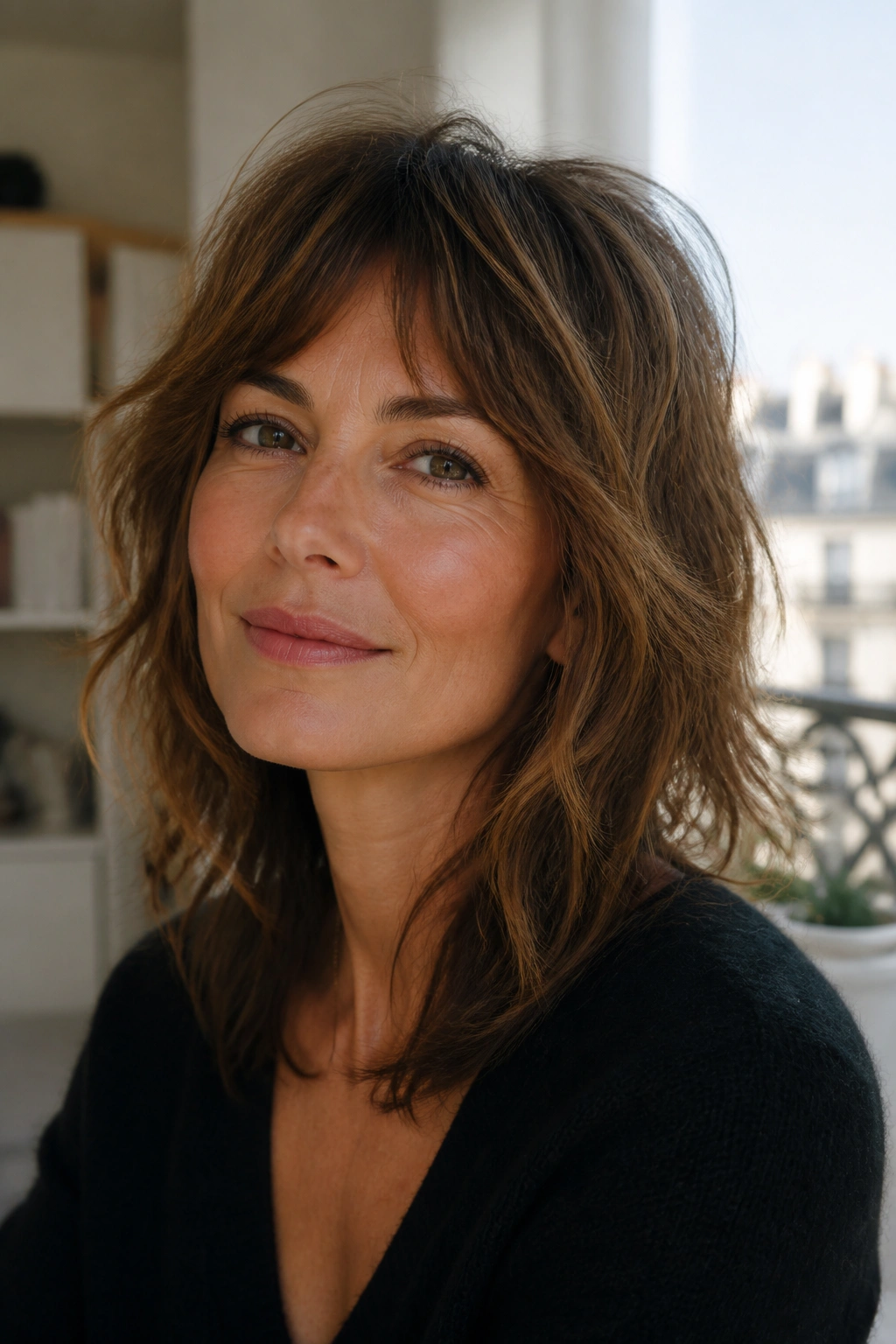 Close-up portrait of a real woman with French-girl shag with soft texture