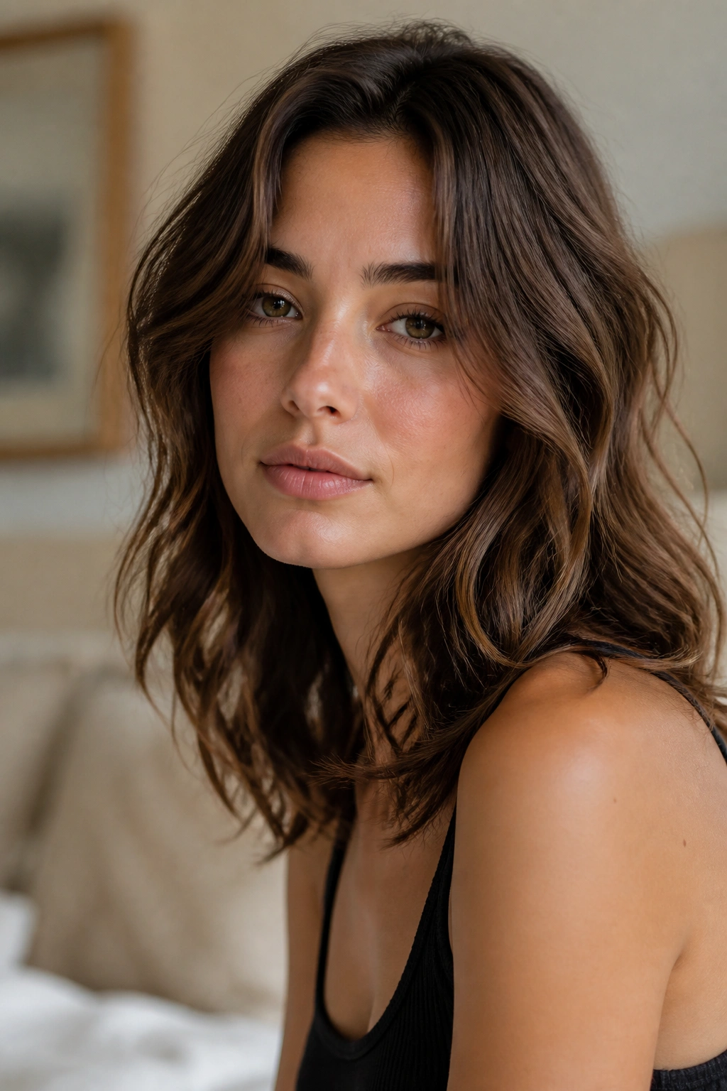 Close-up portrait of a real woman with soft brushed waves and a slight bend around the face.
