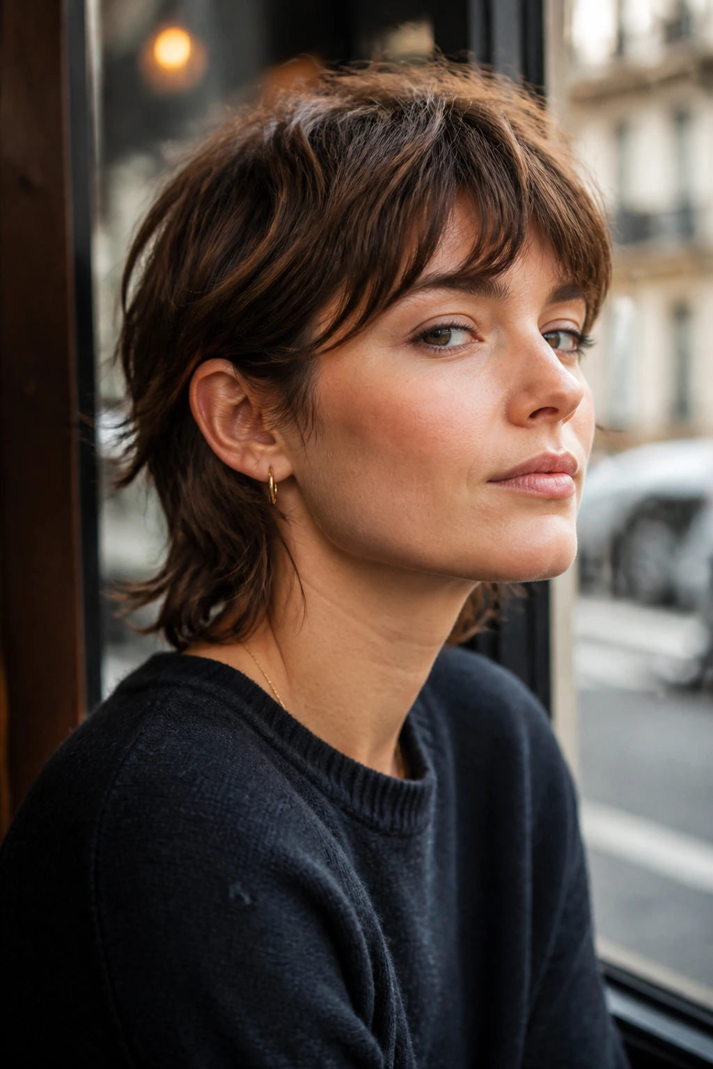 Close-up of real woman with a French-girl short wolf cut.