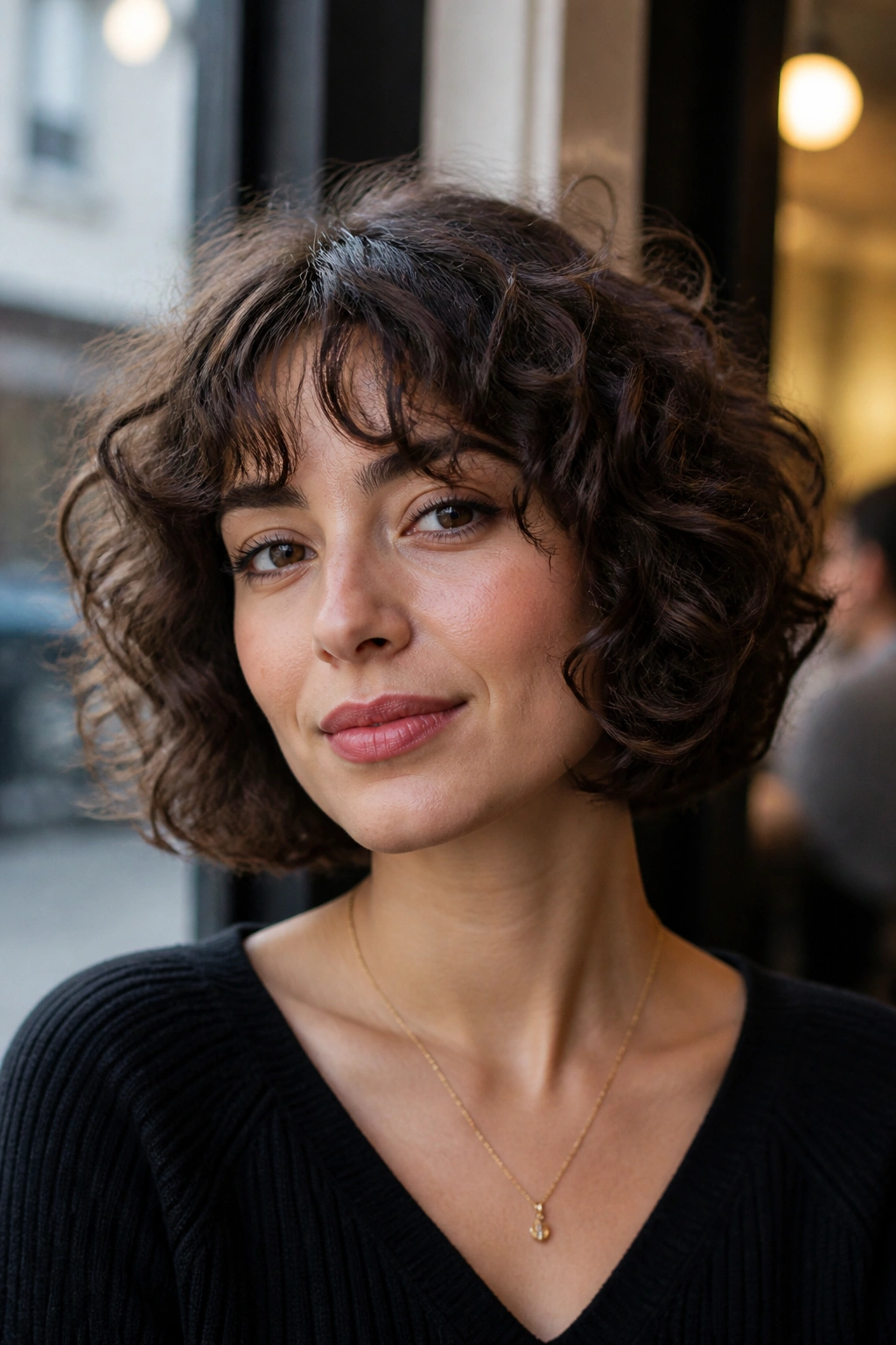 Real woman with French-inspired bob and airy fringe in a cafe setting.