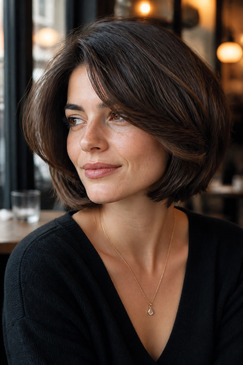 Close-up of a real woman with a French-inspired side-part bob and airy internal layers