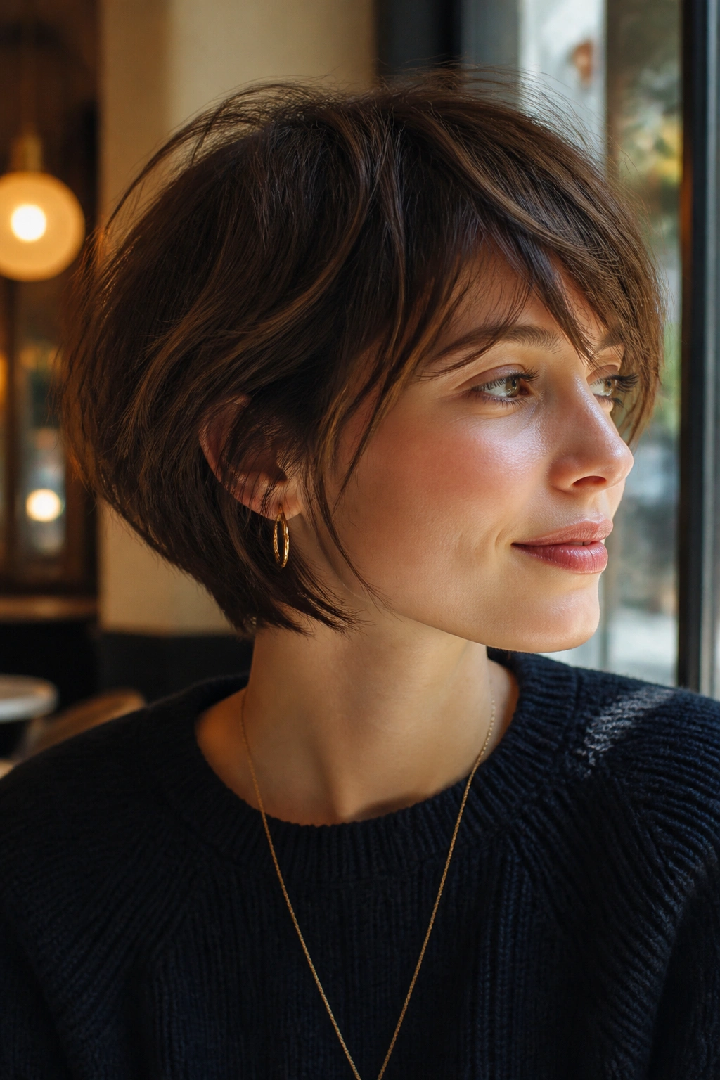 Portrait of a real woman with a soft crown and undone fringe in a French-inspired pixie bob