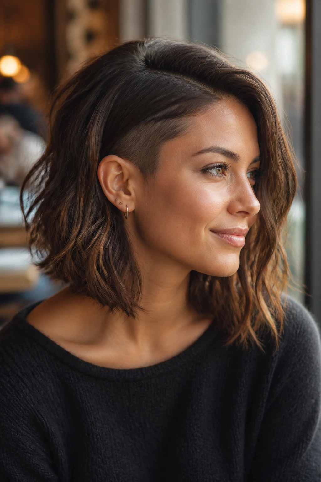 Portrait of a real person with tousled French lob and hidden undercut