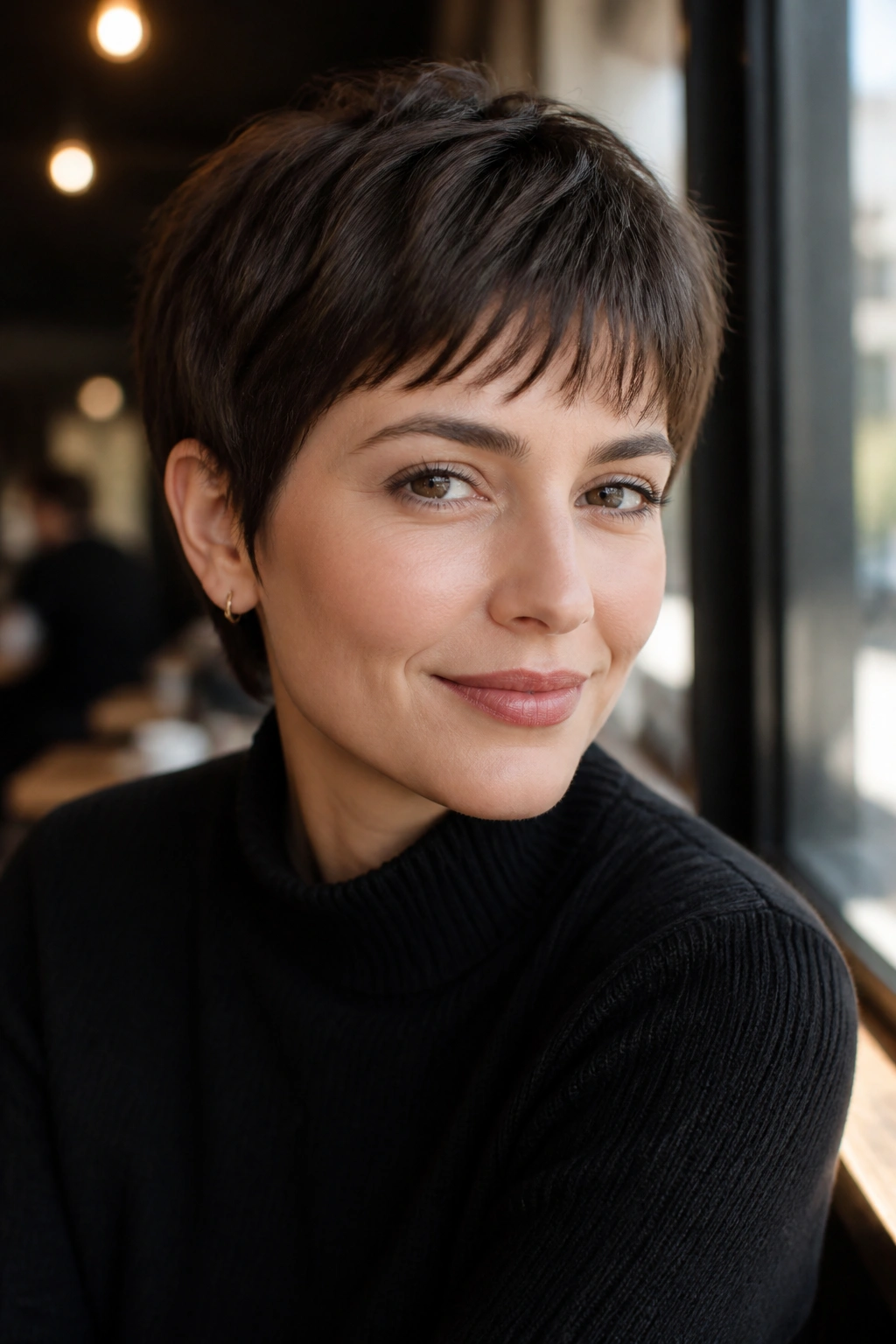 Close-up portrait of a real woman with a French pixie and soft bangs