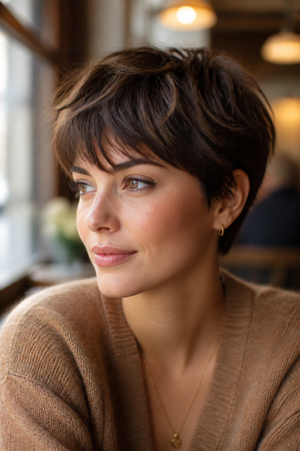 Close-up portrait of a real woman with a soft French pixie haircut in warm autumn cafe light