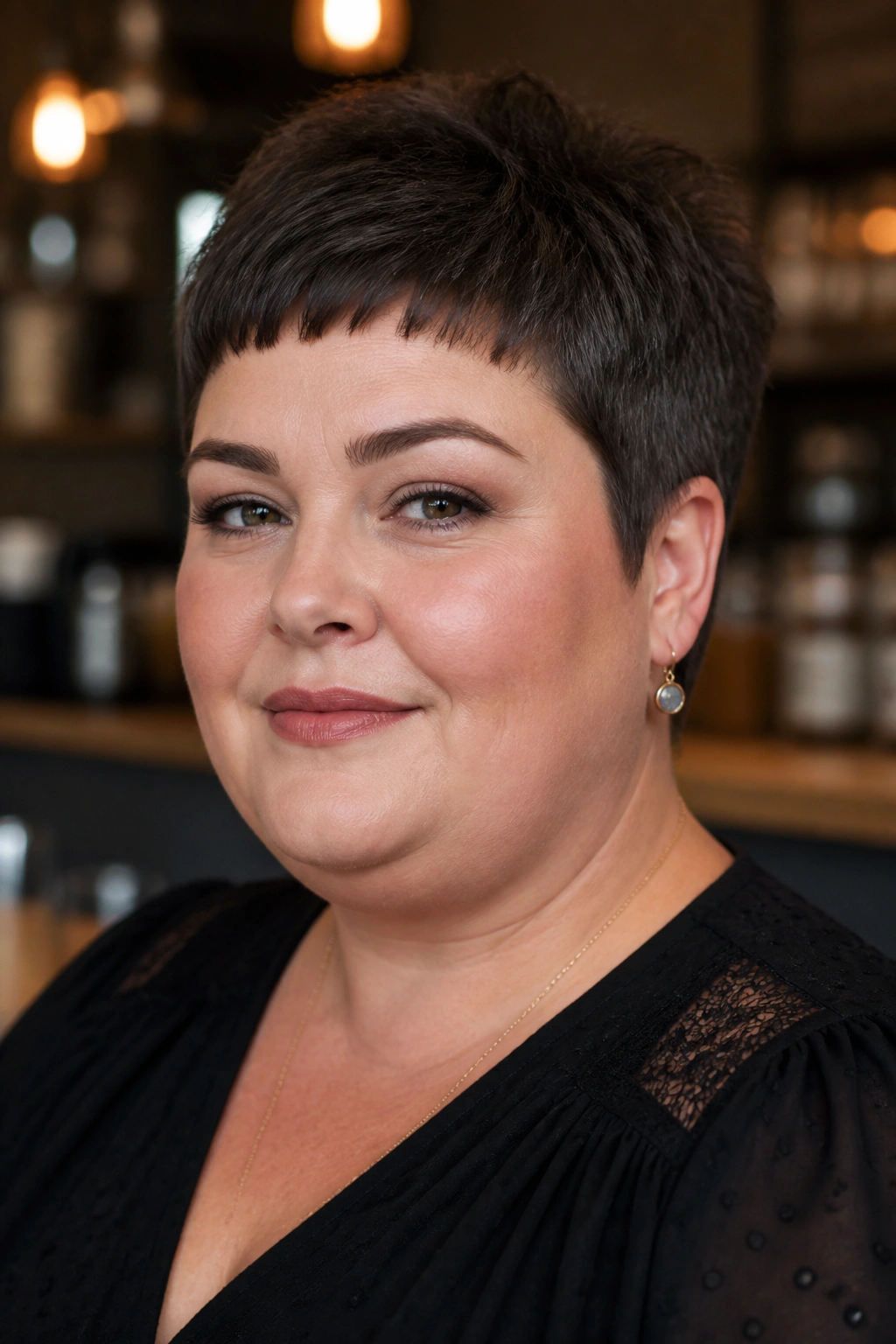 Close-up portrait of a real woman with a French pixie and micro fringe.