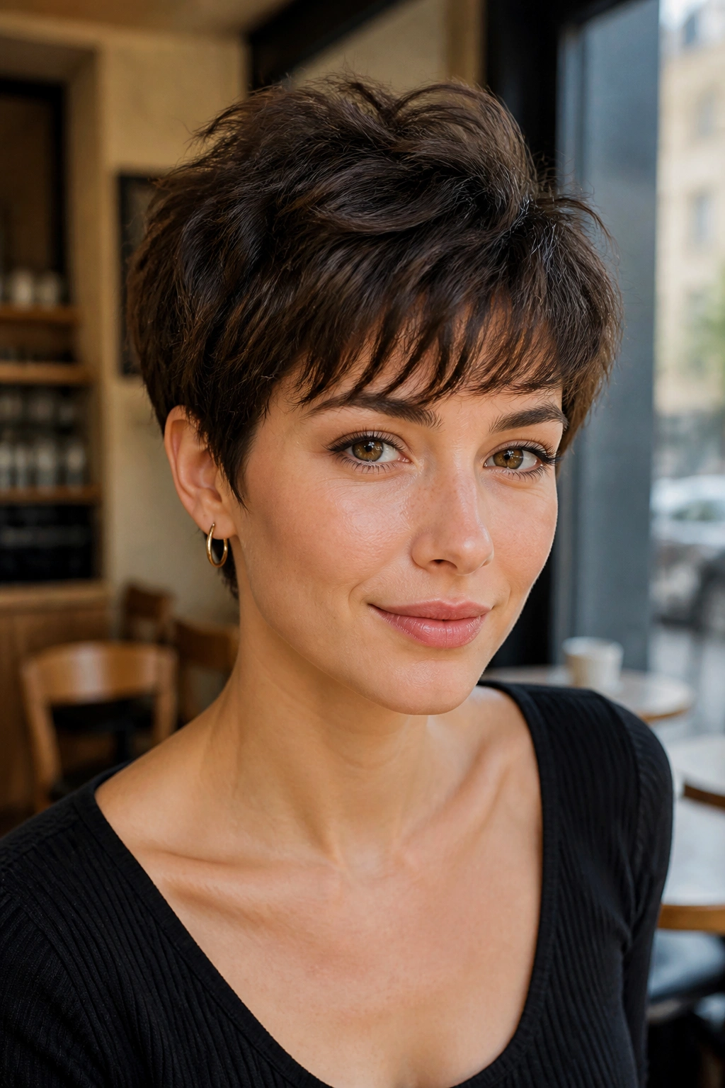 Close-up portrait of a real woman with a French-inspired pixie