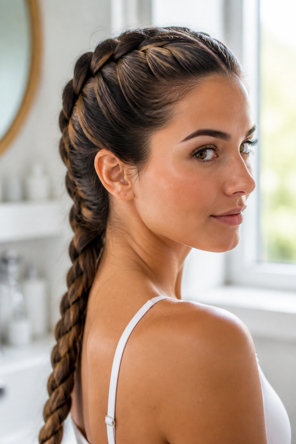 Close-up real woman wearing a French plait starting at the crown