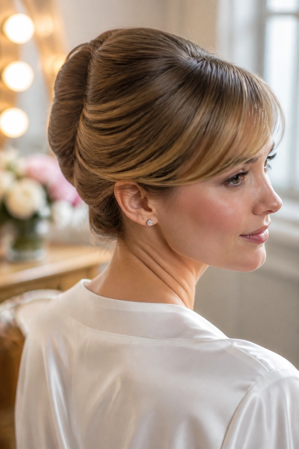 Close-up portrait of a real woman with a French roll and swept fringe