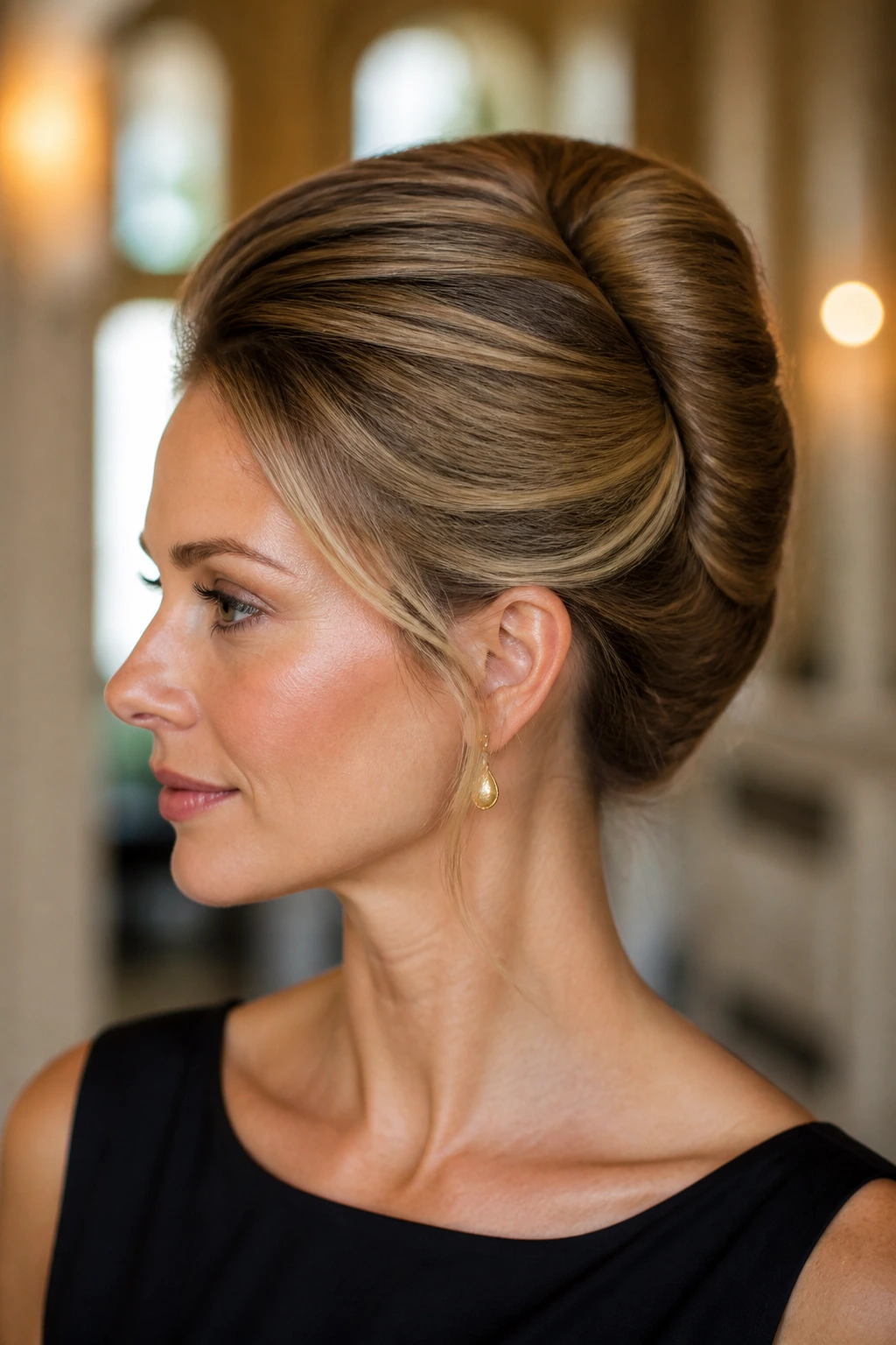Close-up of French Roll on a real woman, hair swept into a vertical roll along the head seam