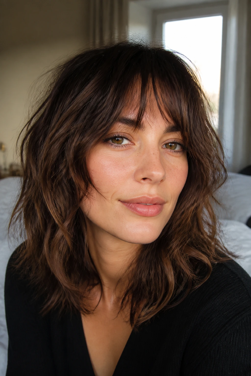 Close-up of a real woman with a French shag and airy fringe on wavy medium hair