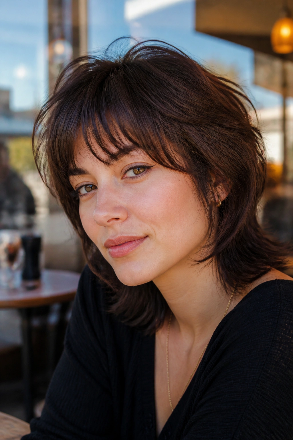 Real person with soft fringe and feathered layers in a French shag wolf cut.