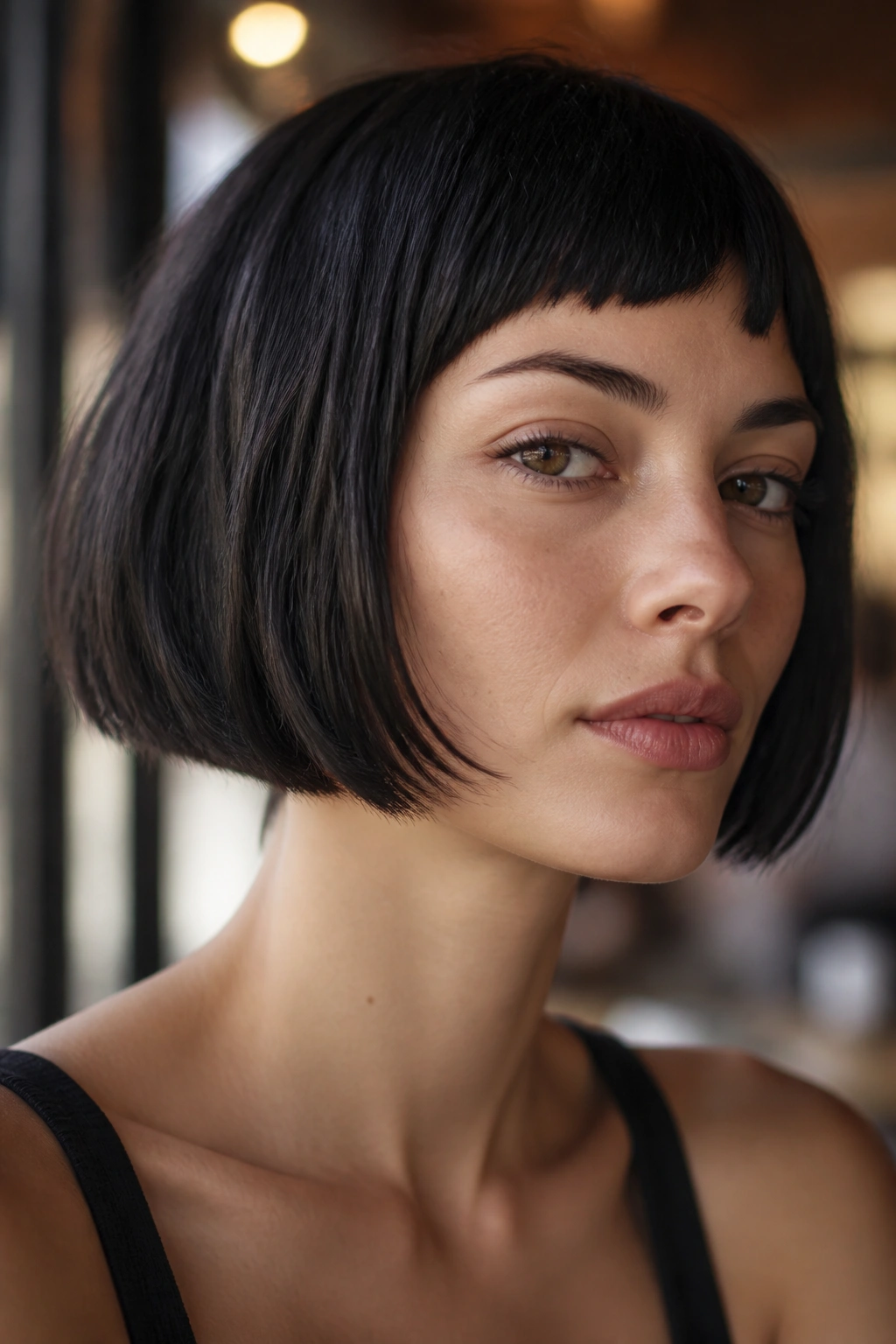 Close-up of a real woman with French square bob and short fringe in soft cafe light